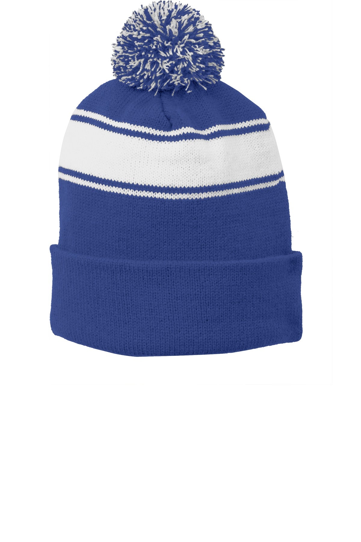 Sport-Tek Stripe Pom Pom Beanie - True Royal/ White