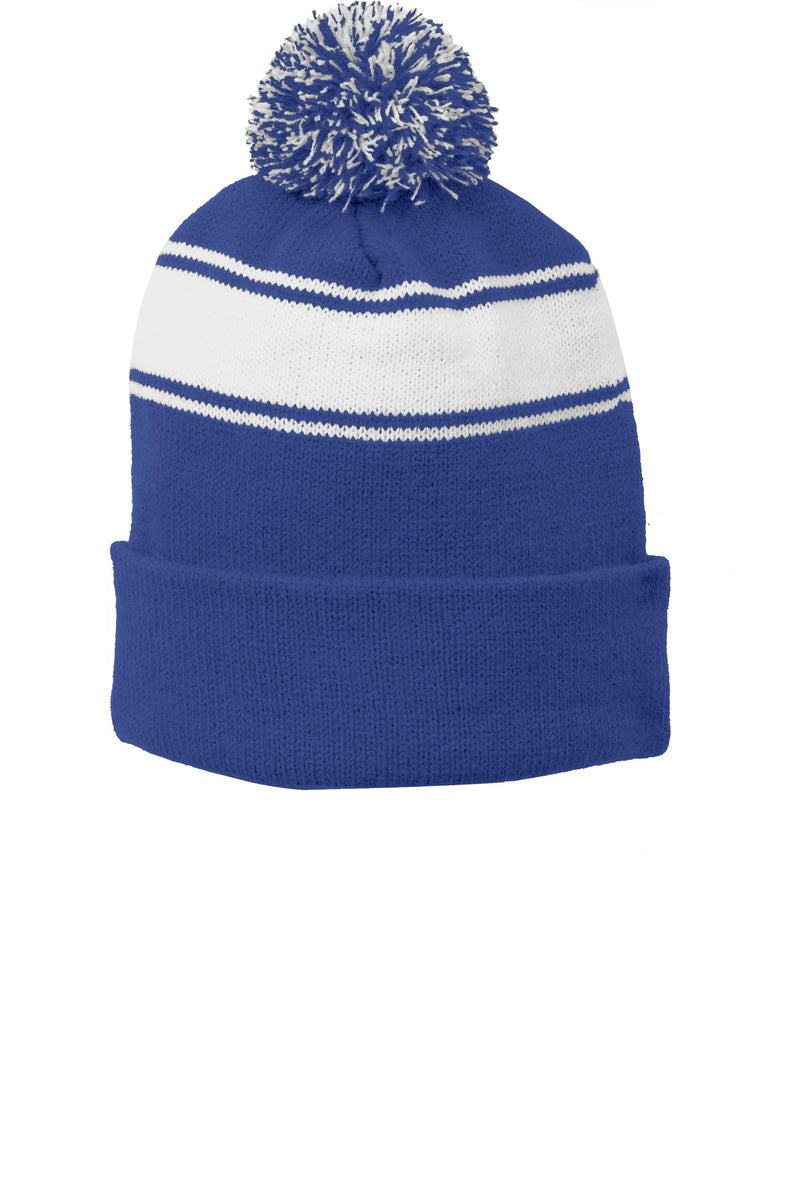 Sport-Tek Stripe Pom Pom Beanie - True Royal/ White