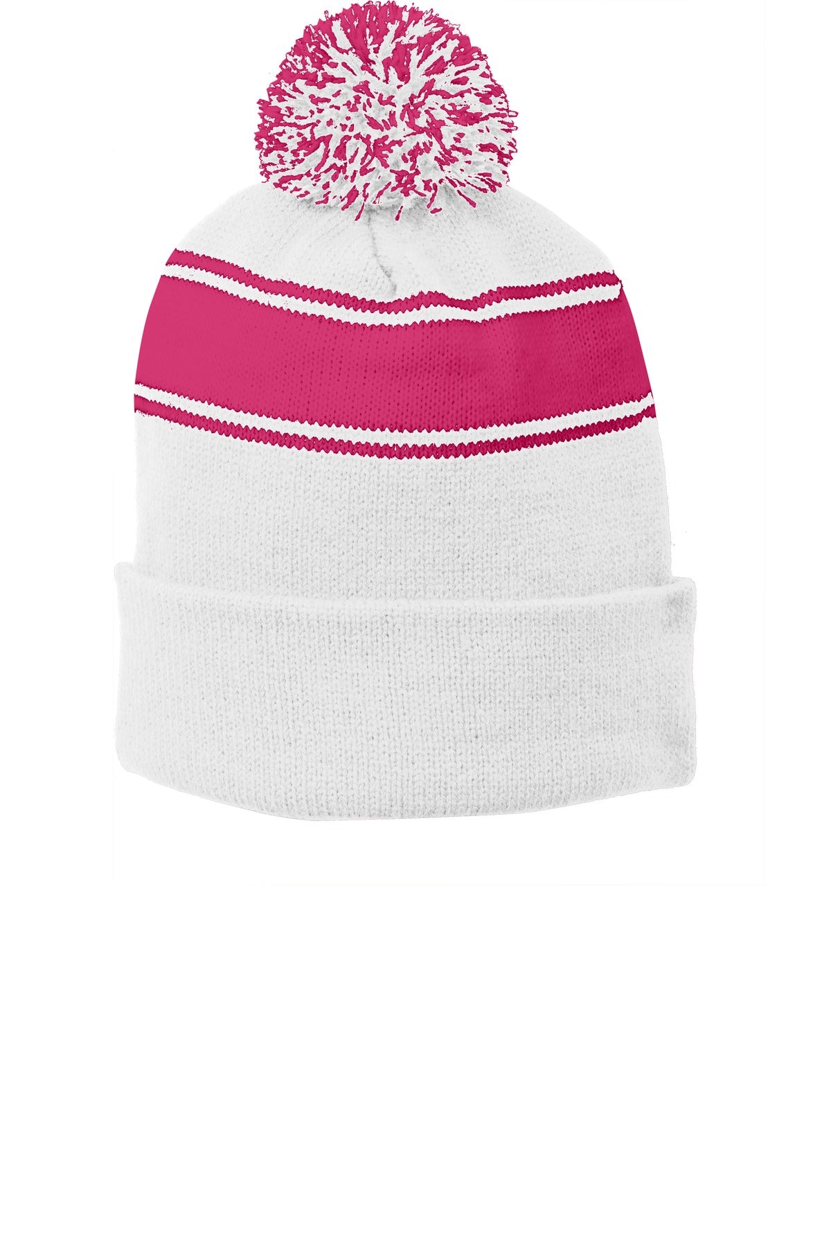 Sport-Tek Stripe Pom Pom Beanie - White/ Pink Raspberry