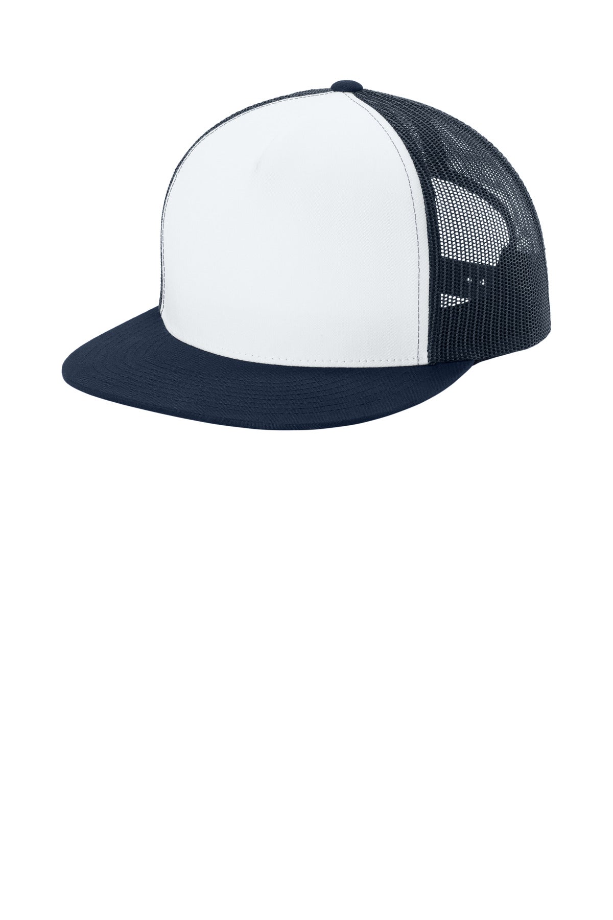 Sport-Tek YP Classics  5-Panel Classic Trucker Mesh Back Cap - White/ True Navy/ True Navy