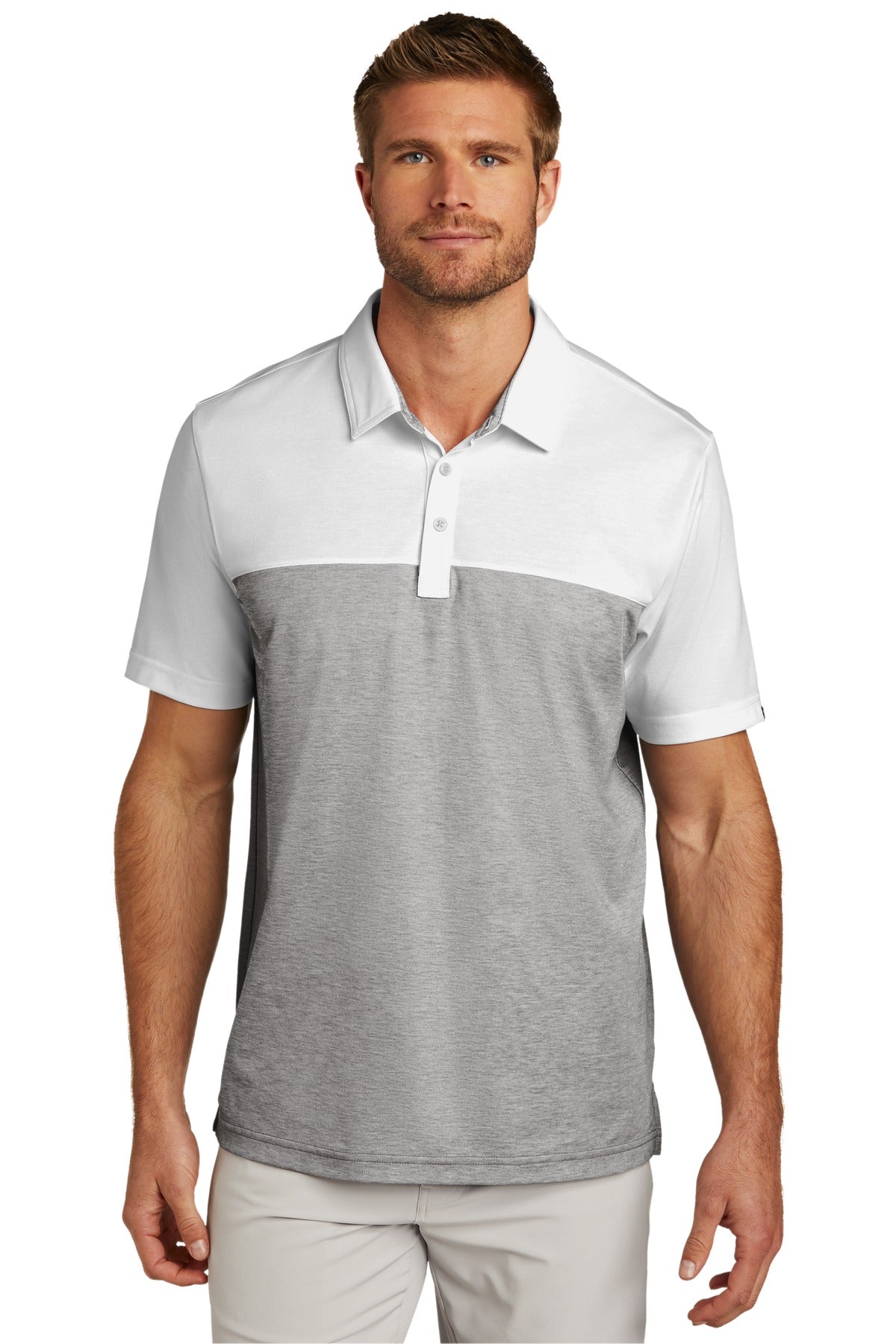 TravisMathew Oceanside Blocked Polo - White/ Quiet Shade Grey Heather