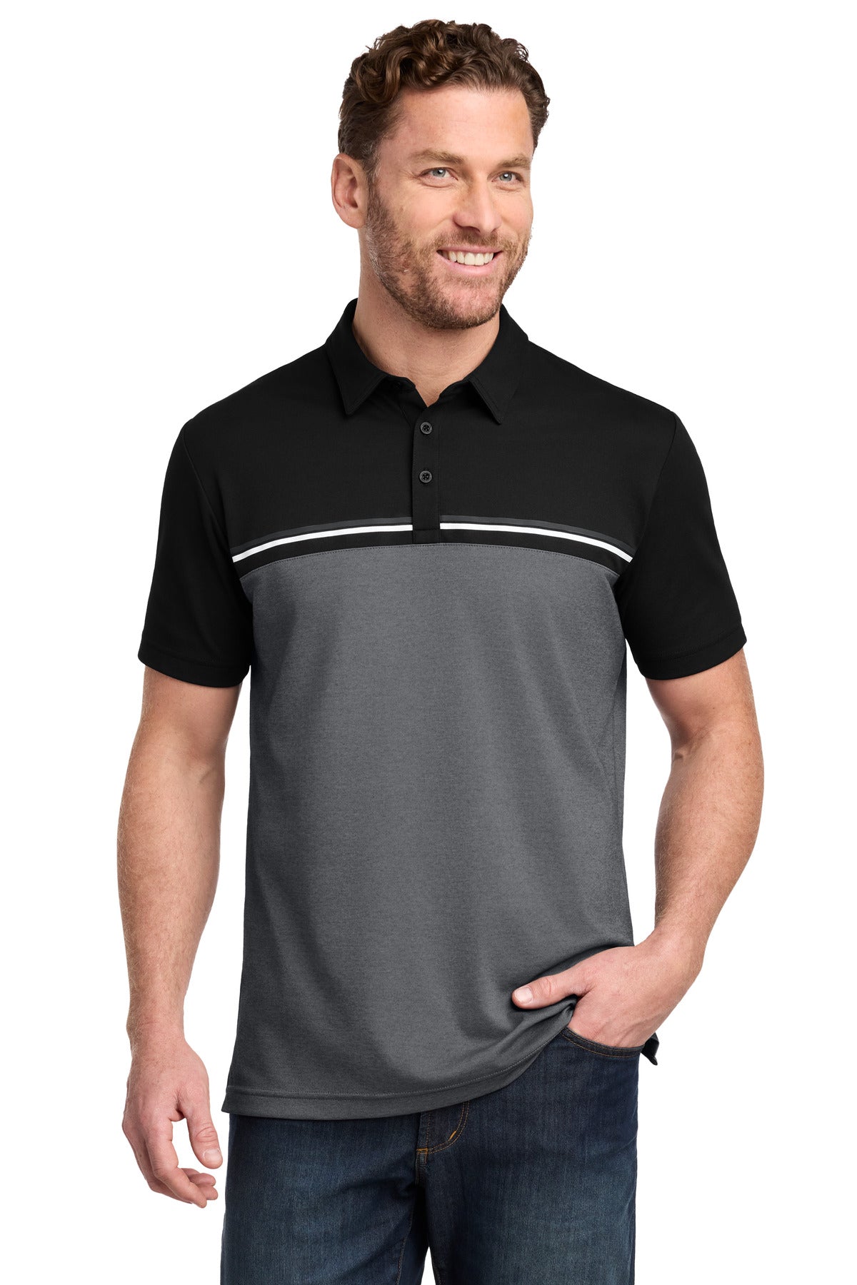 TravisMathew Sunset Blocked Polo - Black/ Dark Grey Heather