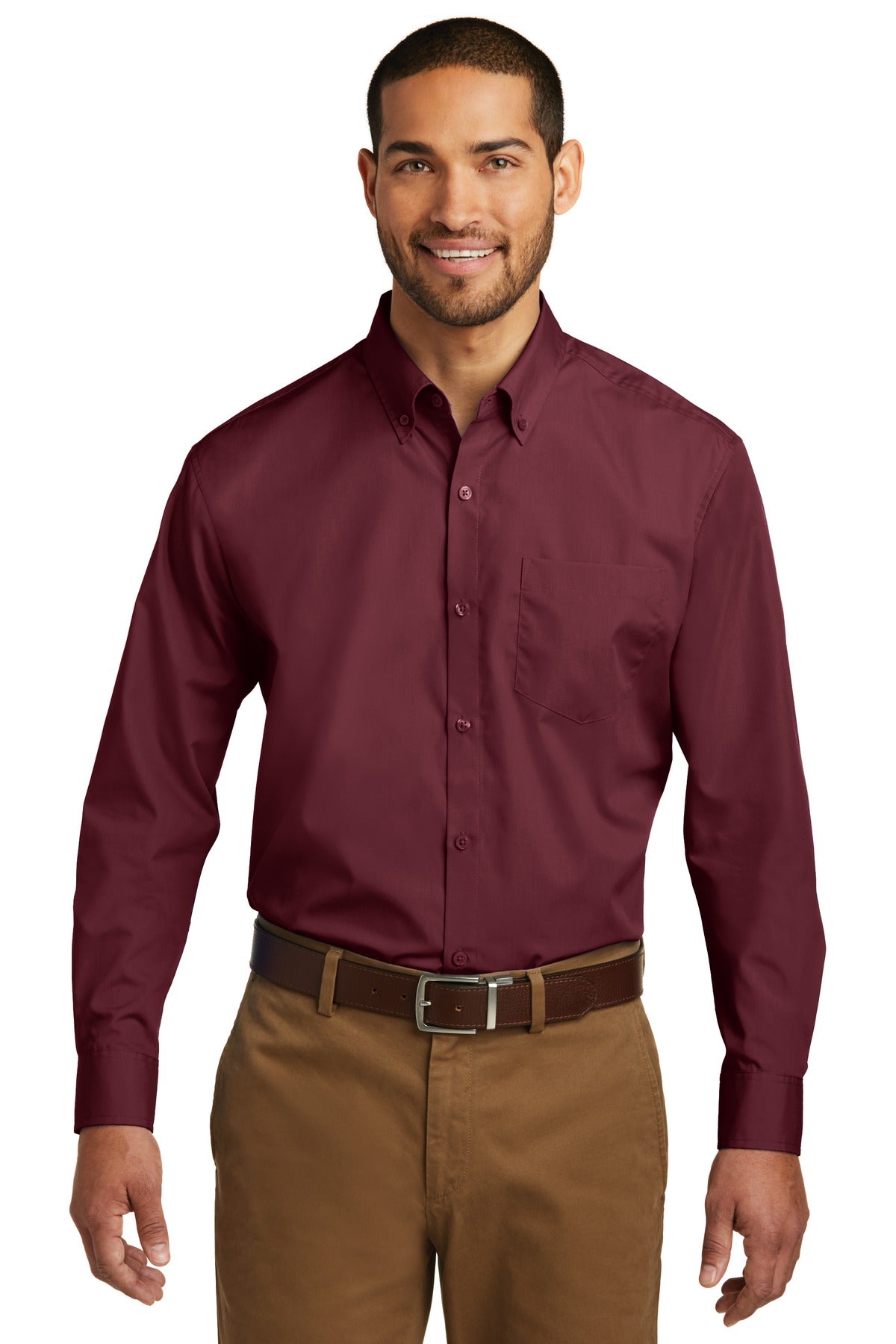 Port Authority Long Sleeve Carefree Poplin Shirt - Burgundy