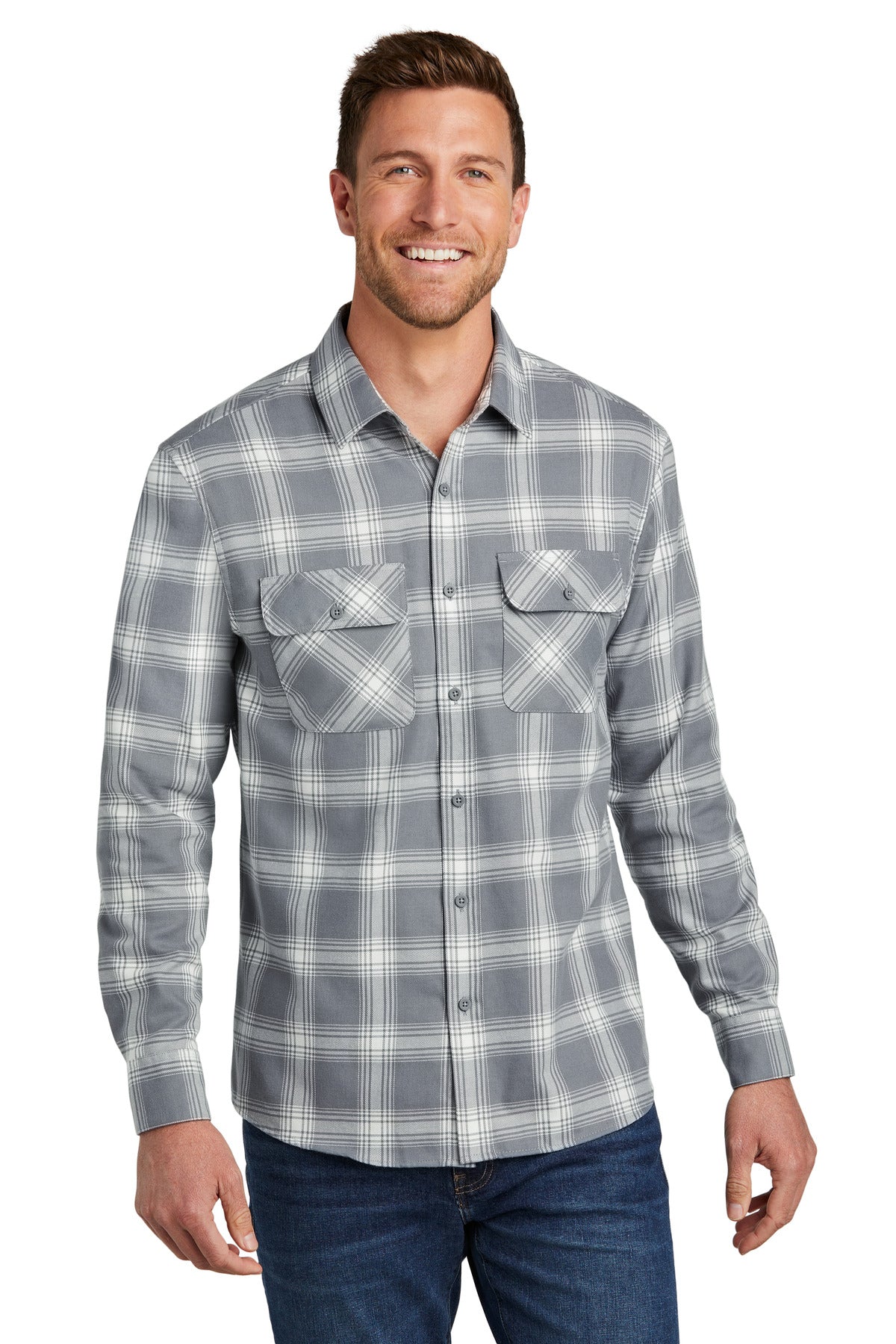 Port Authority Plaid Flannel Shirt - Grey/ Cream Open Plaid