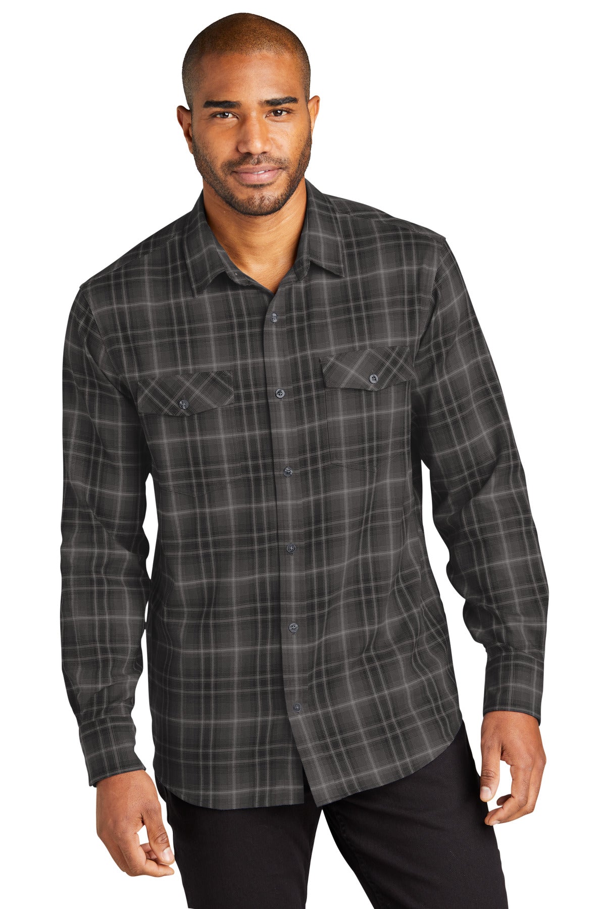 Port Authority Long Sleeve Ombre Plaid Shirt - Deep Black