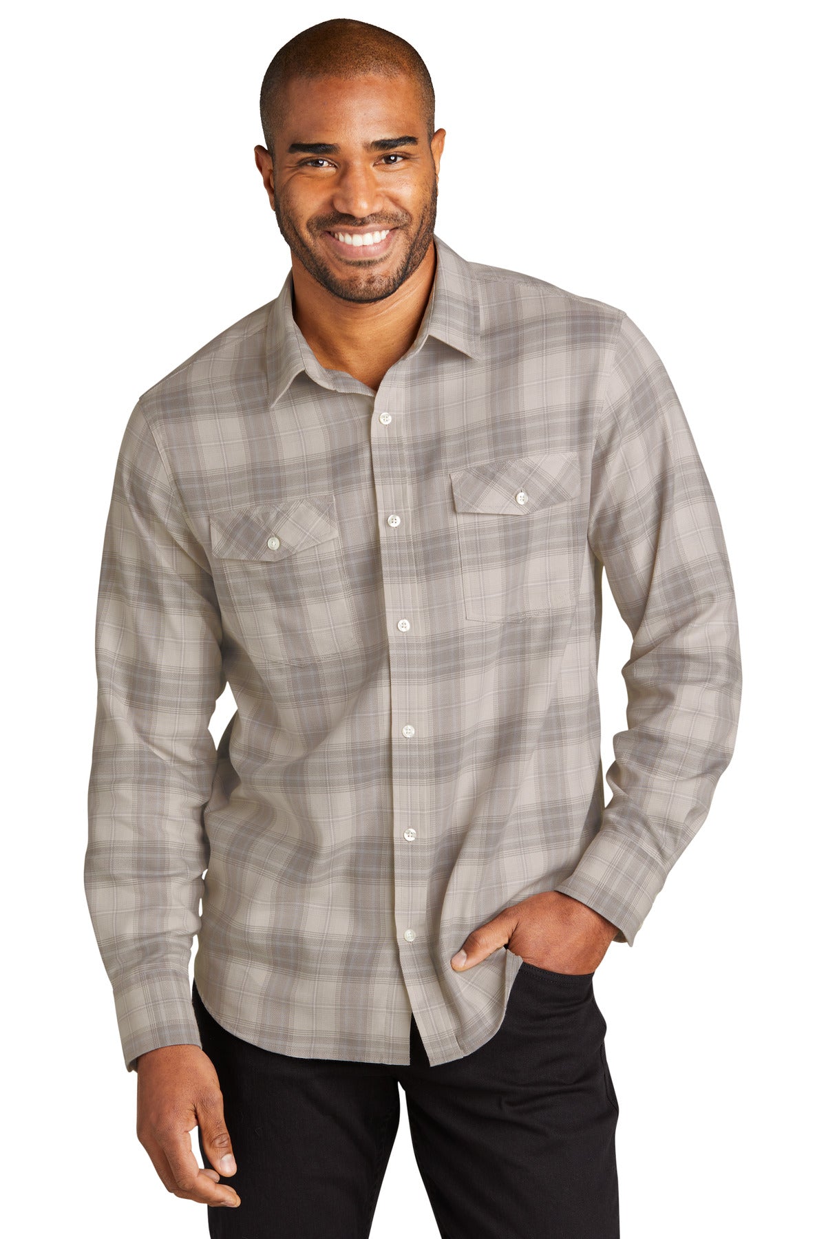 Port Authority Long Sleeve Ombre Plaid Shirt - Frost Grey