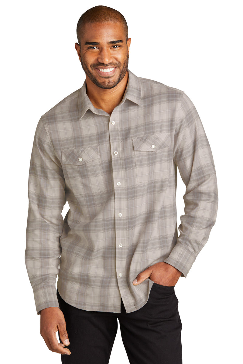 Port Authority Long Sleeve Ombre Plaid Shirt - Frost Grey