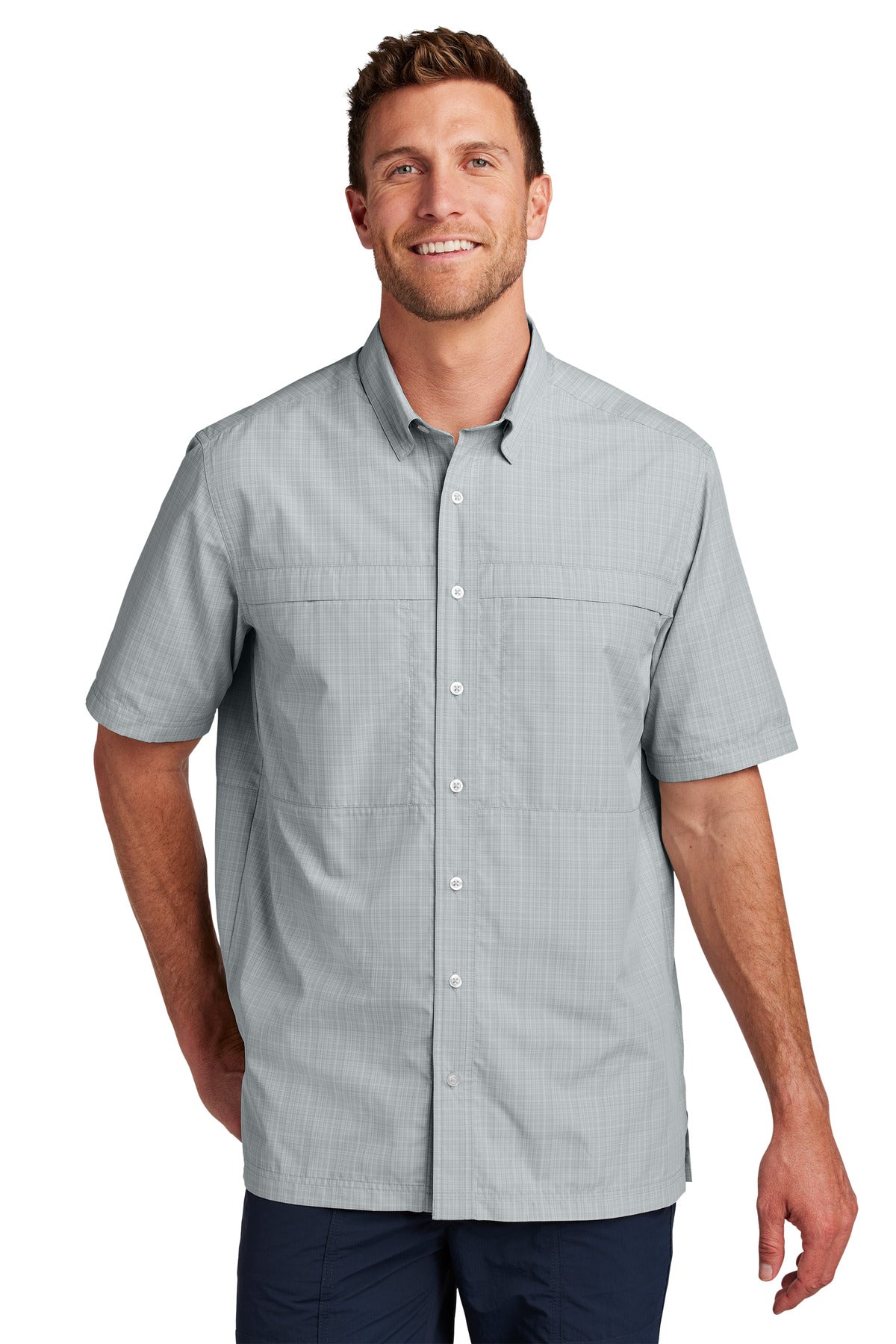 Port Authority Short Sleeve UV Daybreak Shirt - Silver/ Gusty Grey Crosshatch Plaid