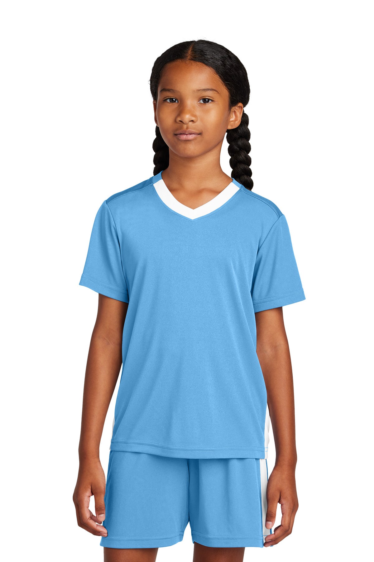Sport-Tek Youth Competitor United V-Neck - Carolina Blue/ White
