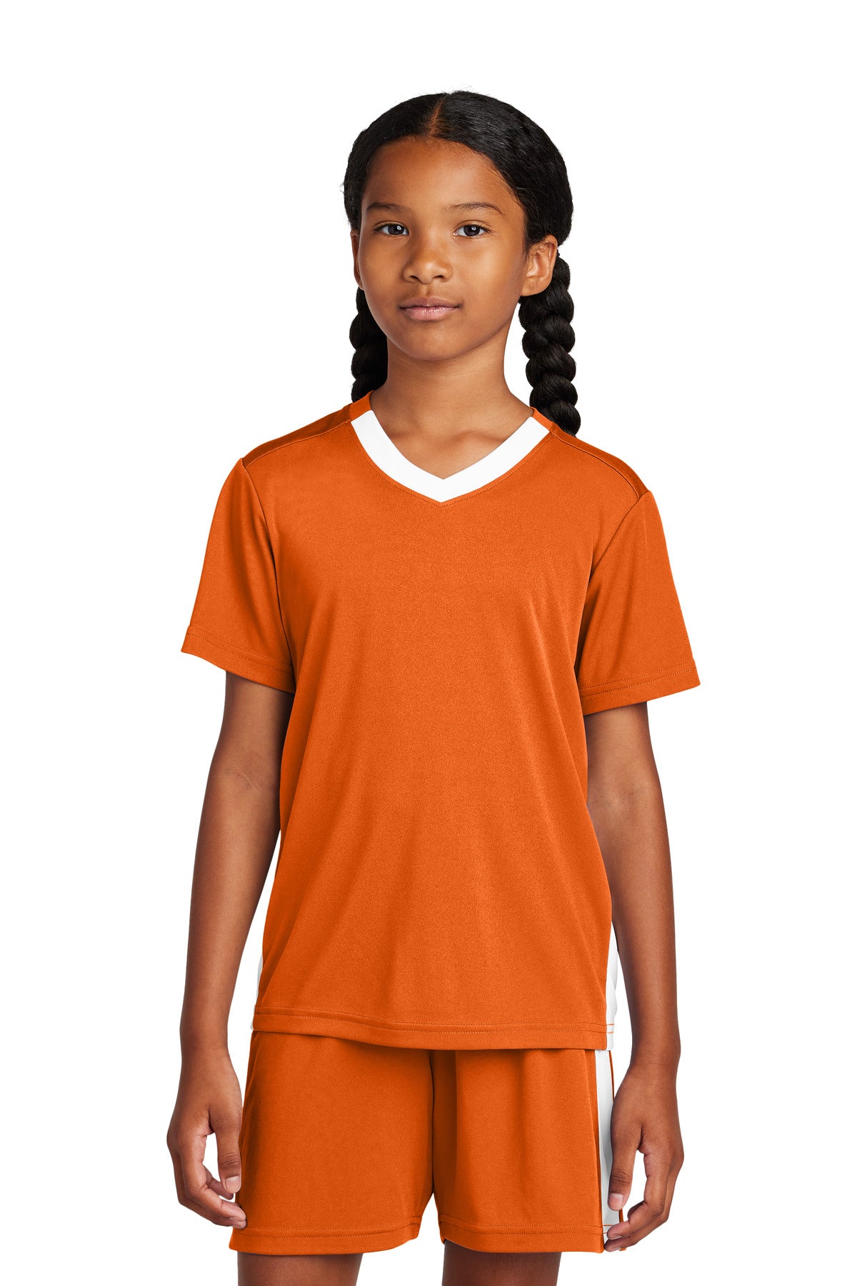 Sport-Tek Youth Competitor United V-Neck - Deep Orange/ White