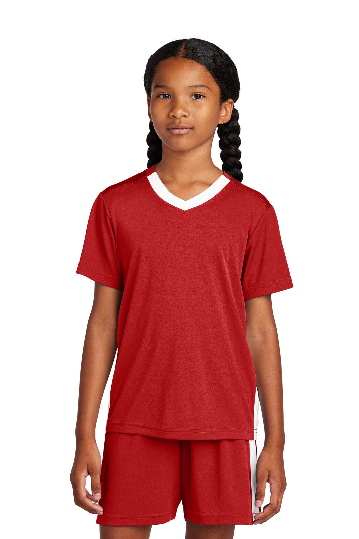 Sport-Tek Youth Competitor United V-Neck - Deep Red/ White