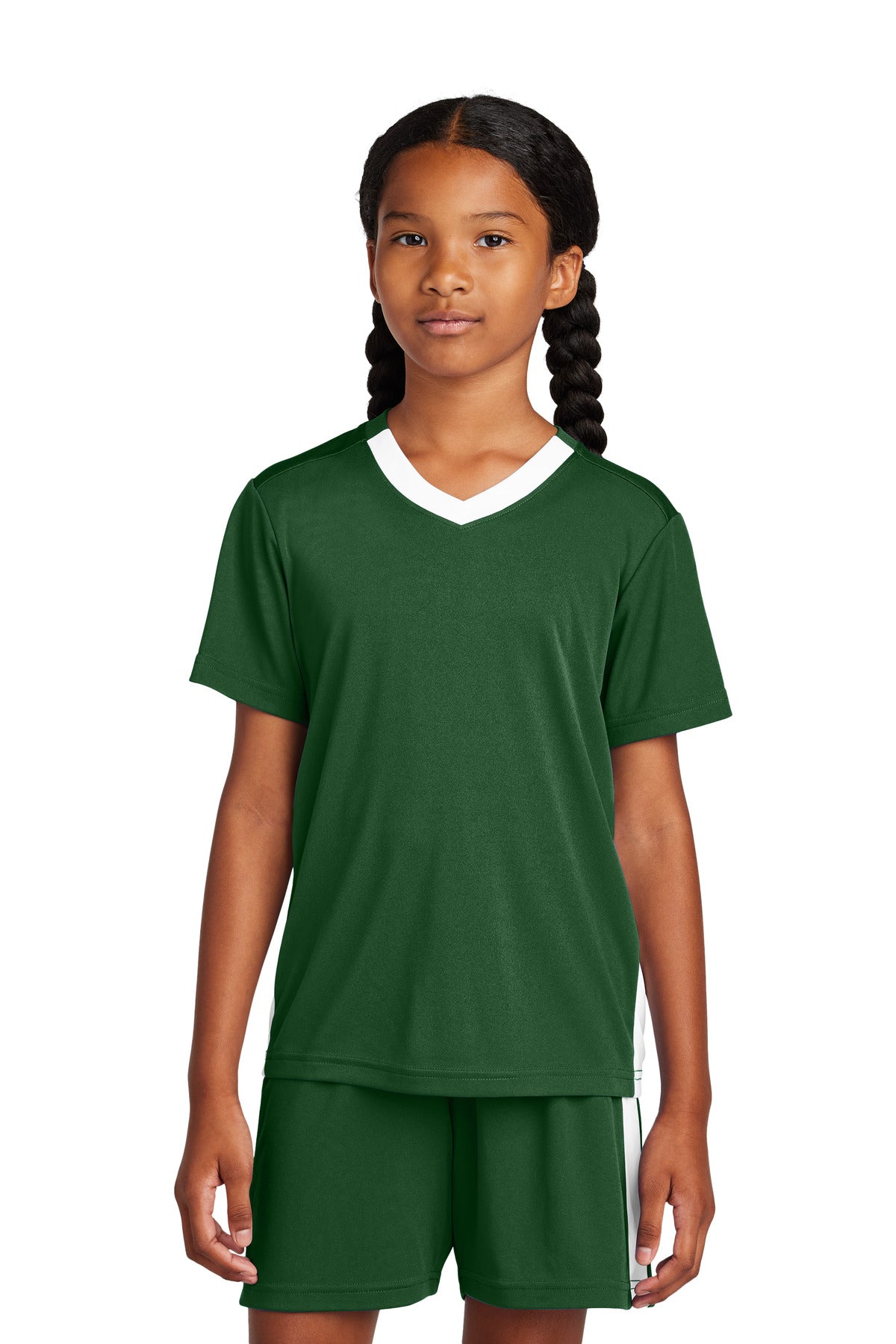 Sport-Tek Youth Competitor United V-Neck - Forest Green/ White