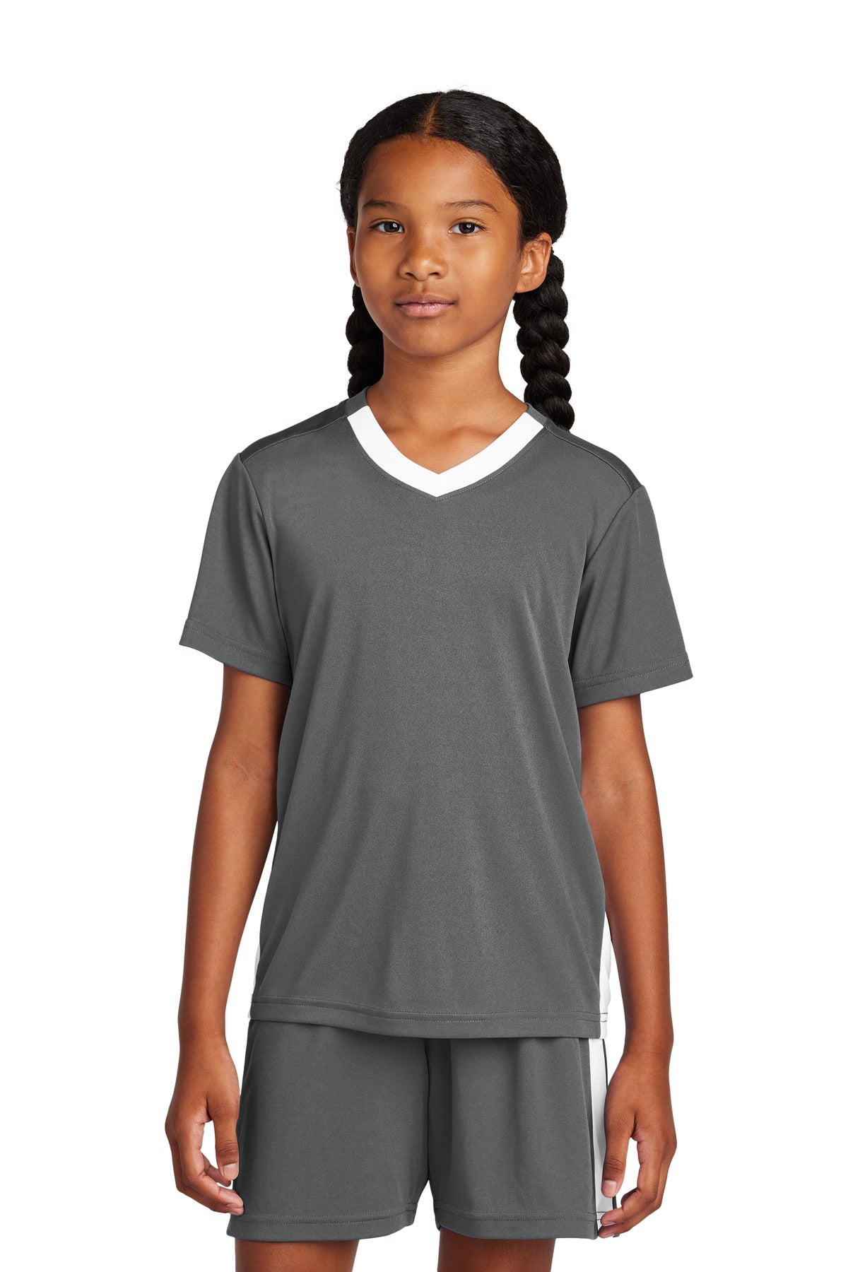 Sport-Tek Youth Competitor United V-Neck - Iron Grey/ White