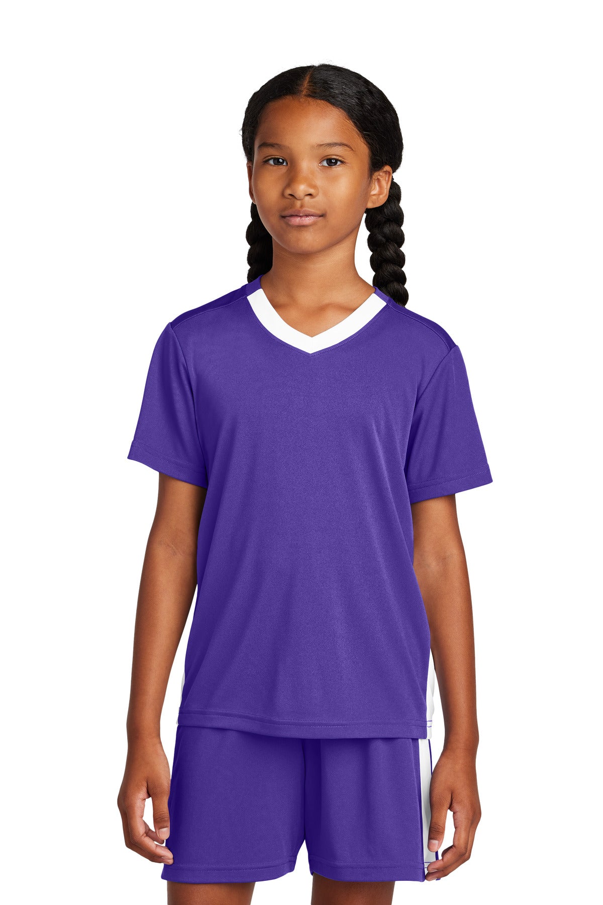Sport-Tek Youth Competitor United V-Neck - Purple/ White