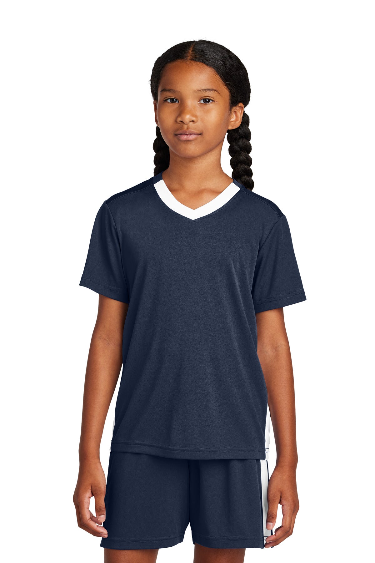 Sport-Tek Youth Competitor United V-Neck - True Navy/ White