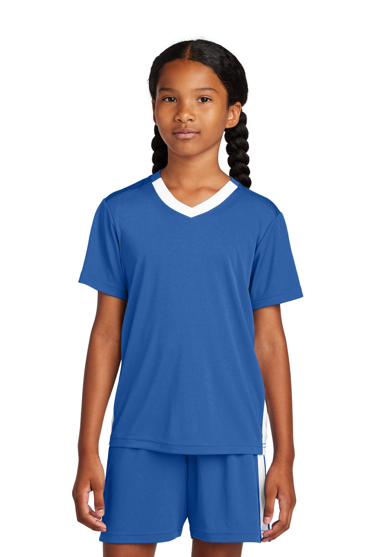 Sport-Tek Youth Competitor United V-Neck - True Royal/ White