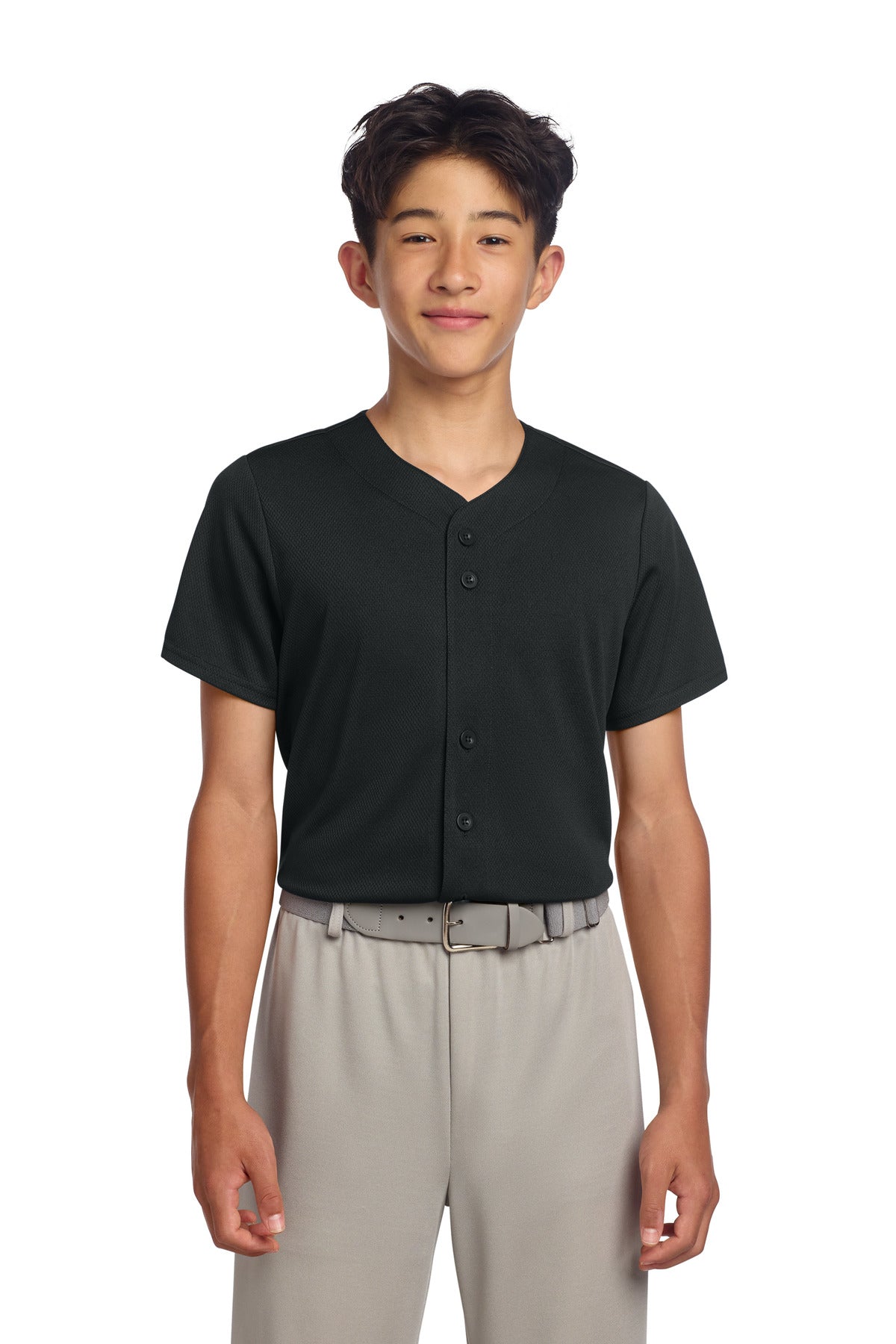 Sport-Tek Youth PosiCharge Tough Mesh Full-Button Jersey - Black