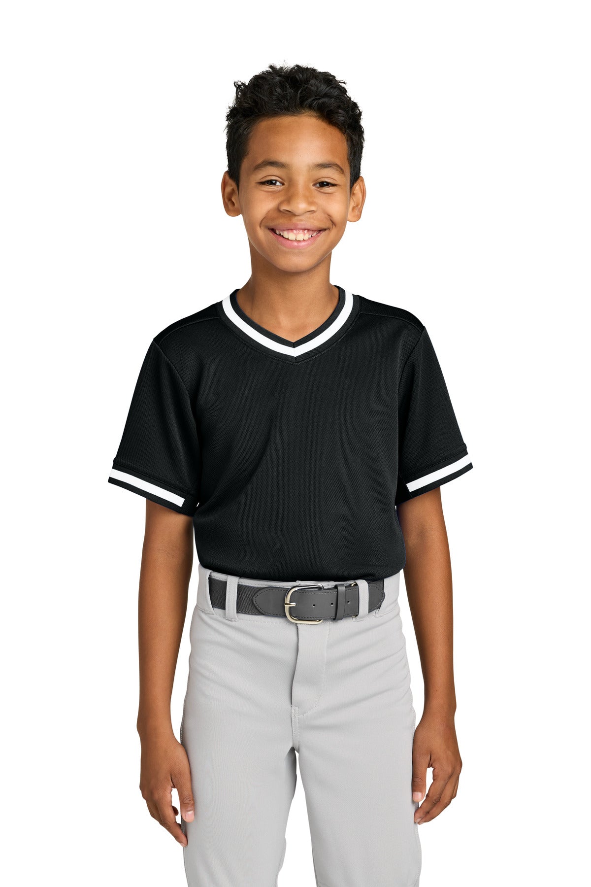 Sport-Tek Youth Tough Mesh V-Neck Baseball Jersey - Black