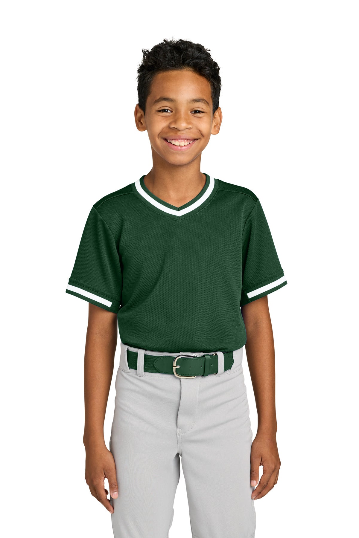 Sport-Tek Youth Tough Mesh V-Neck Baseball Jersey - Forest Green