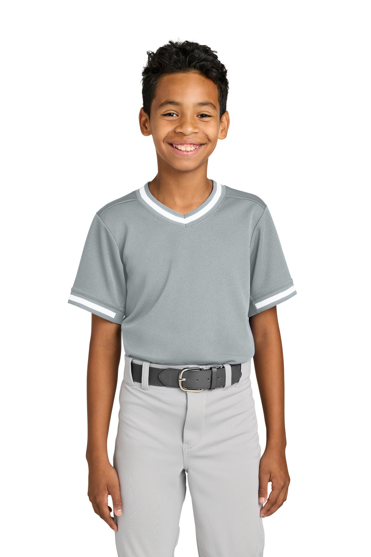 Sport-Tek Youth Tough Mesh V-Neck Baseball Jersey - Silver