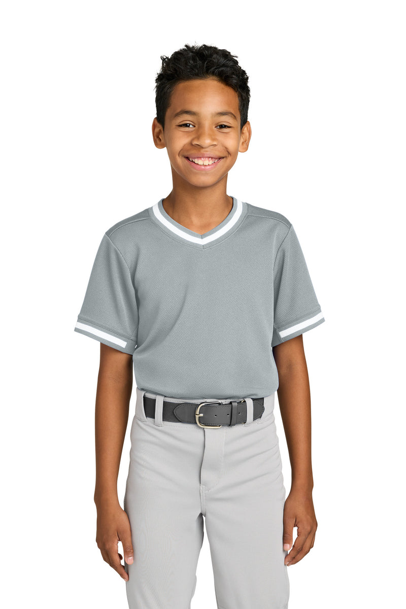 Sport-Tek Youth Tough Mesh V-Neck Baseball Jersey - Silver