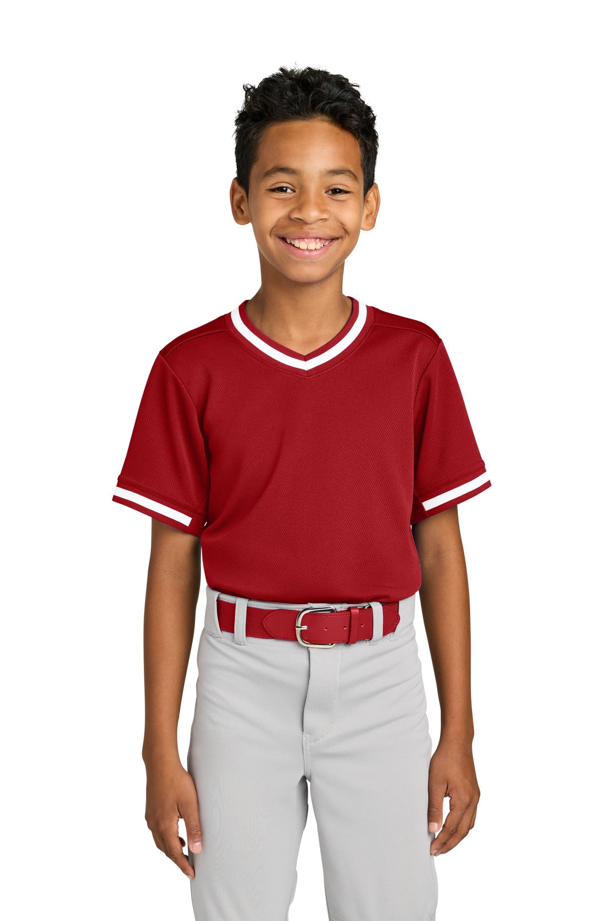 Sport-Tek Youth Tough Mesh V-Neck Baseball Jersey - True Red