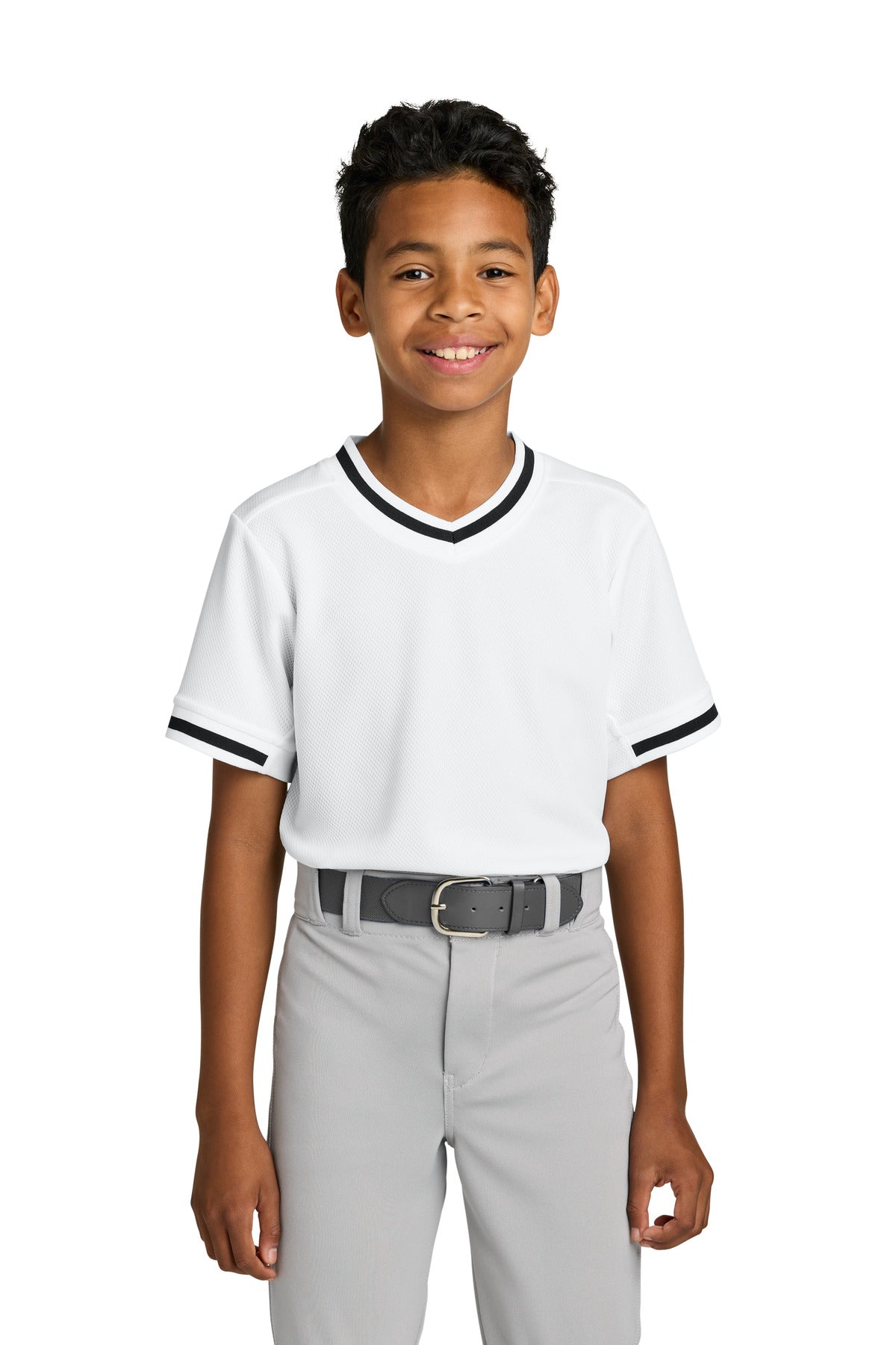 Sport-Tek Youth Tough Mesh V-Neck Baseball Jersey - White