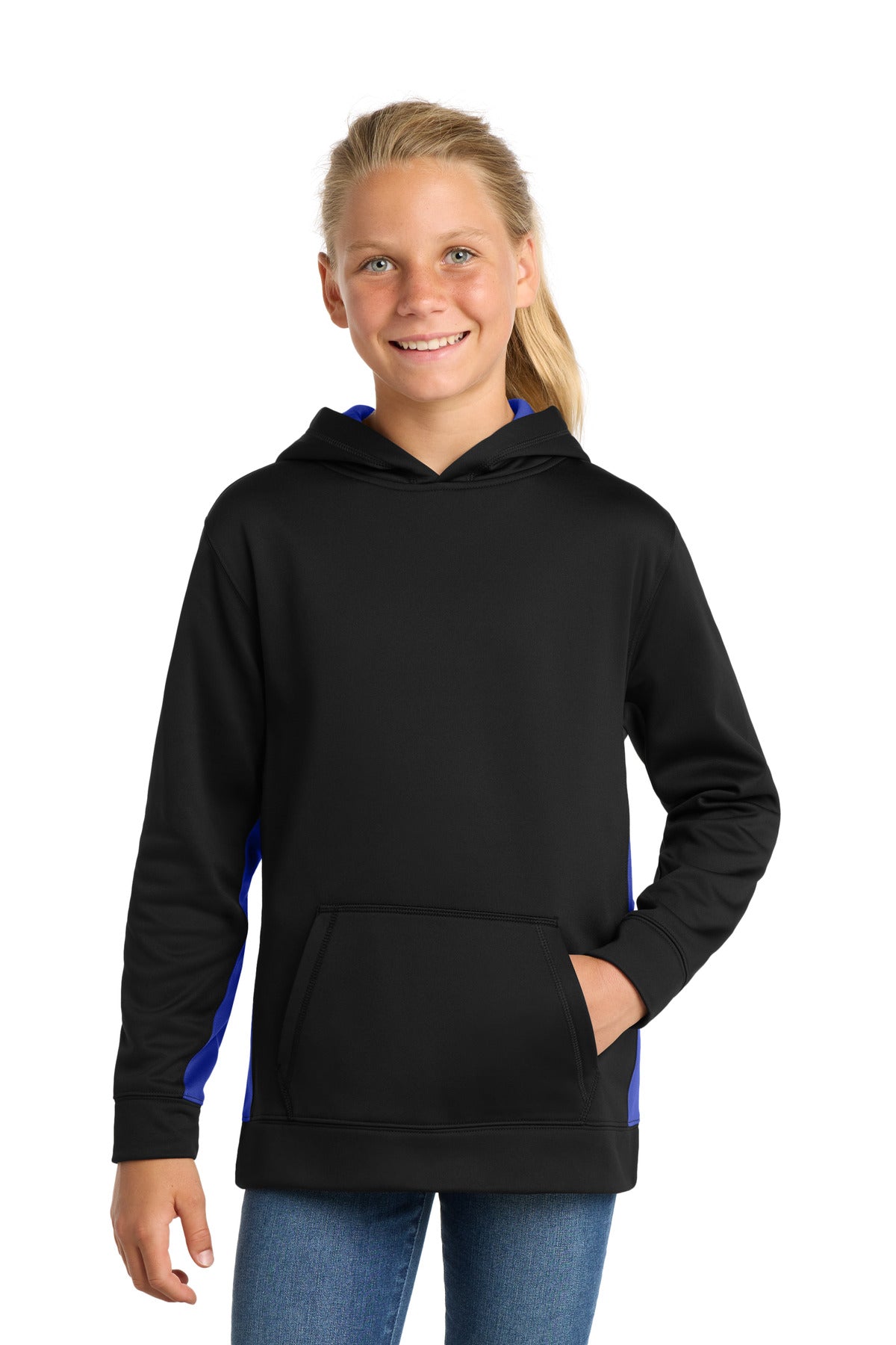 Sport-Tek Youth Sport-Wick Fleece Colorblock Hooded Pullover - Black/ True Royal
