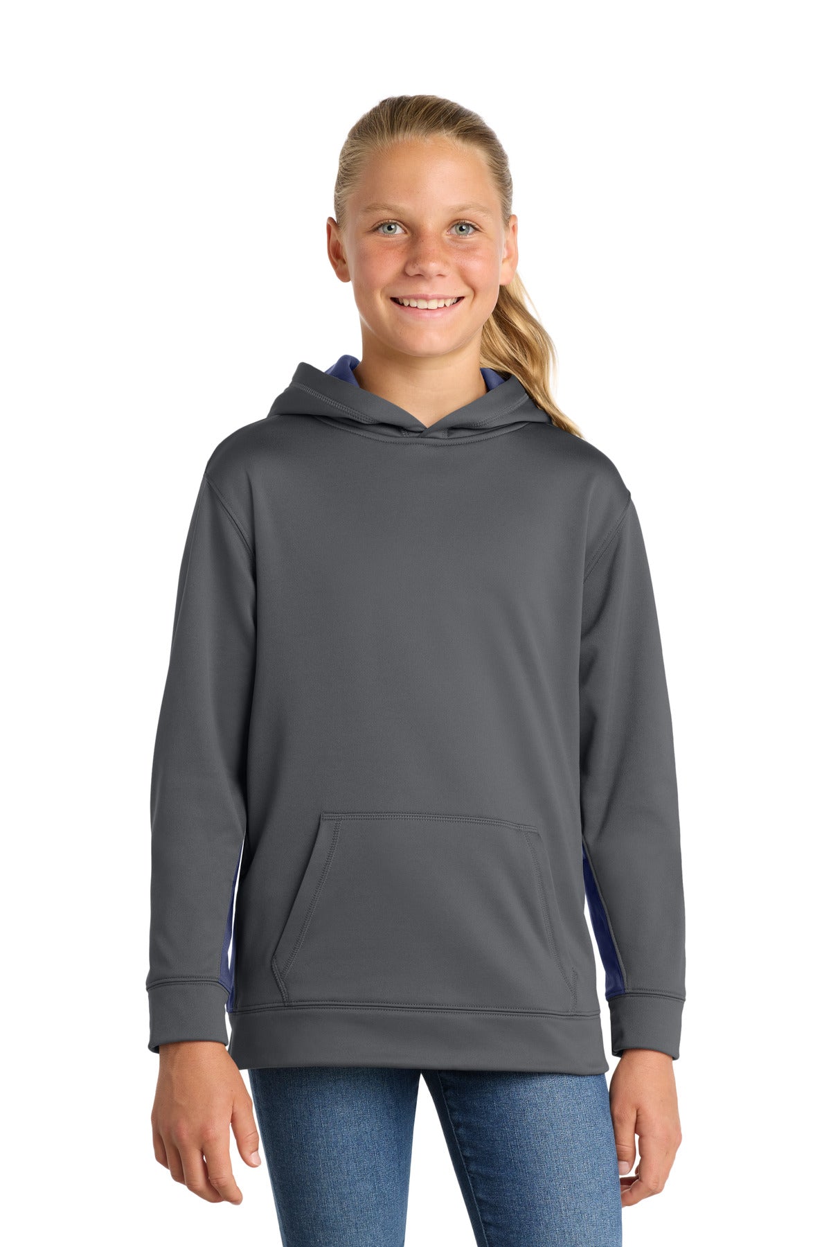 Sport-Tek Youth Sport-Wick Fleece Colorblock Hooded Pullover - Dark Smoke Grey/ Navy