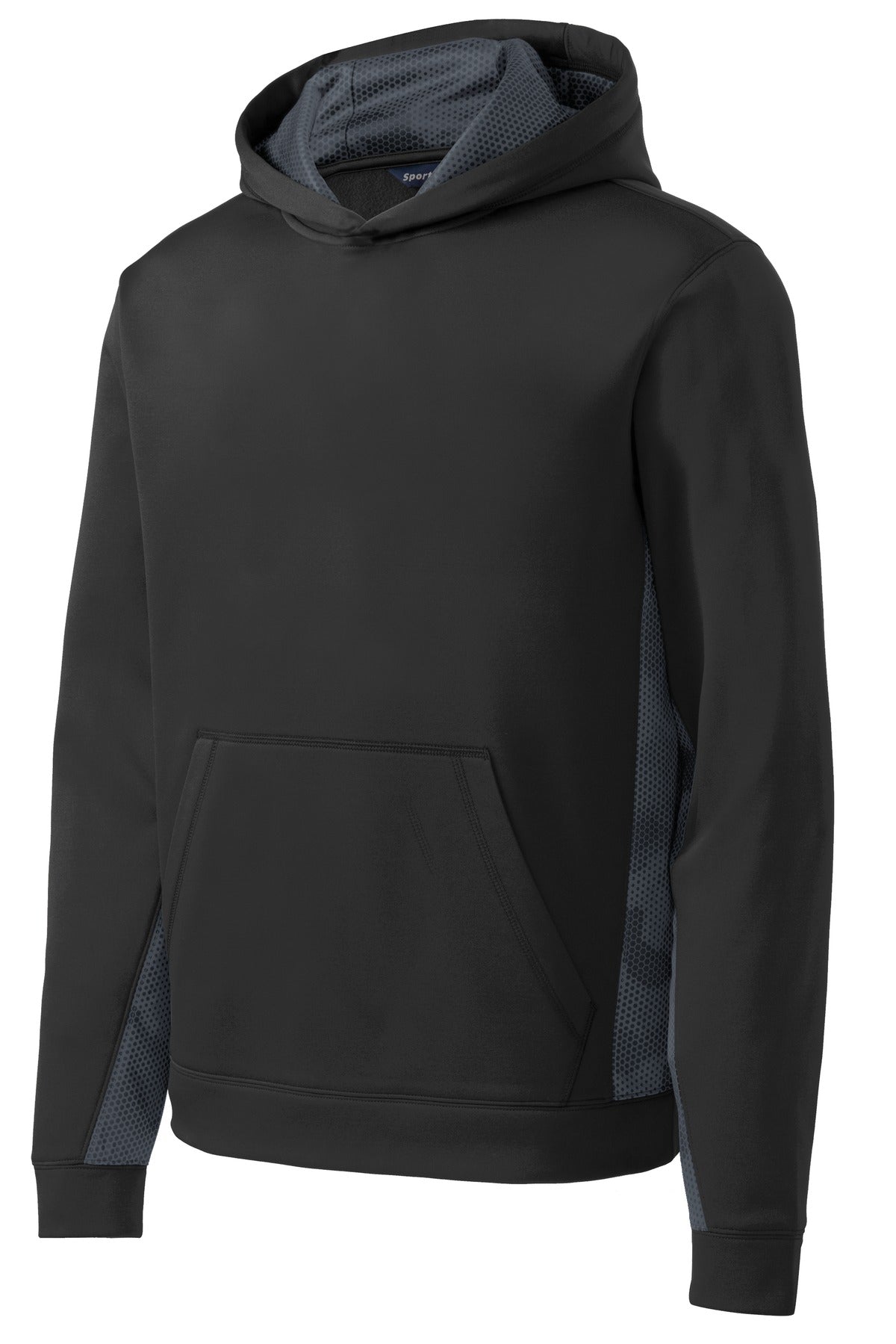 Sport-Tek Youth Sport-Wick CamoHex Fleece Colorblock Hooded Pullover - Black/ Dark Smoke Grey