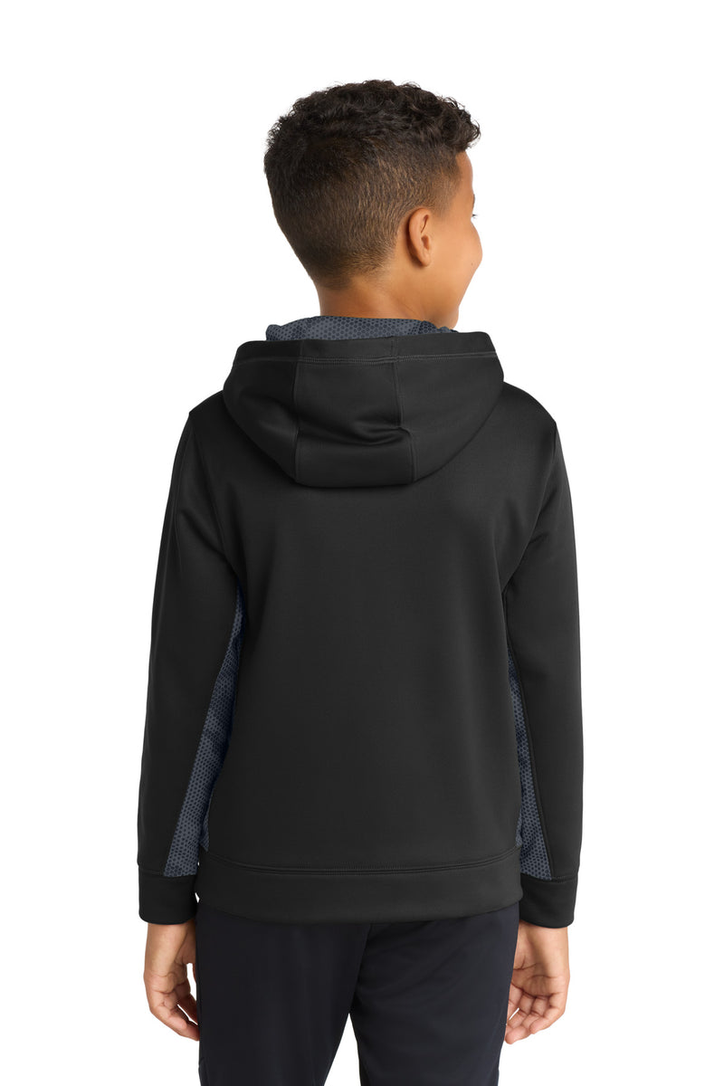 Sport-Tek Youth Sport-Wick CamoHex Fleece Colorblock Hooded Pullover - Black/ Dark Smoke Grey