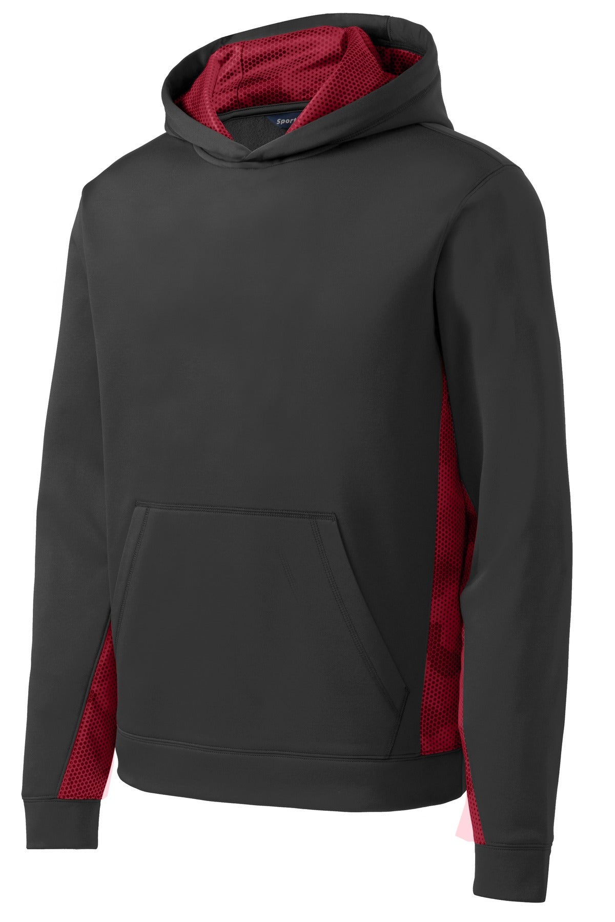 Sport-Tek Youth Sport-Wick CamoHex Fleece Colorblock Hooded Pullover - Black/ Deep Red