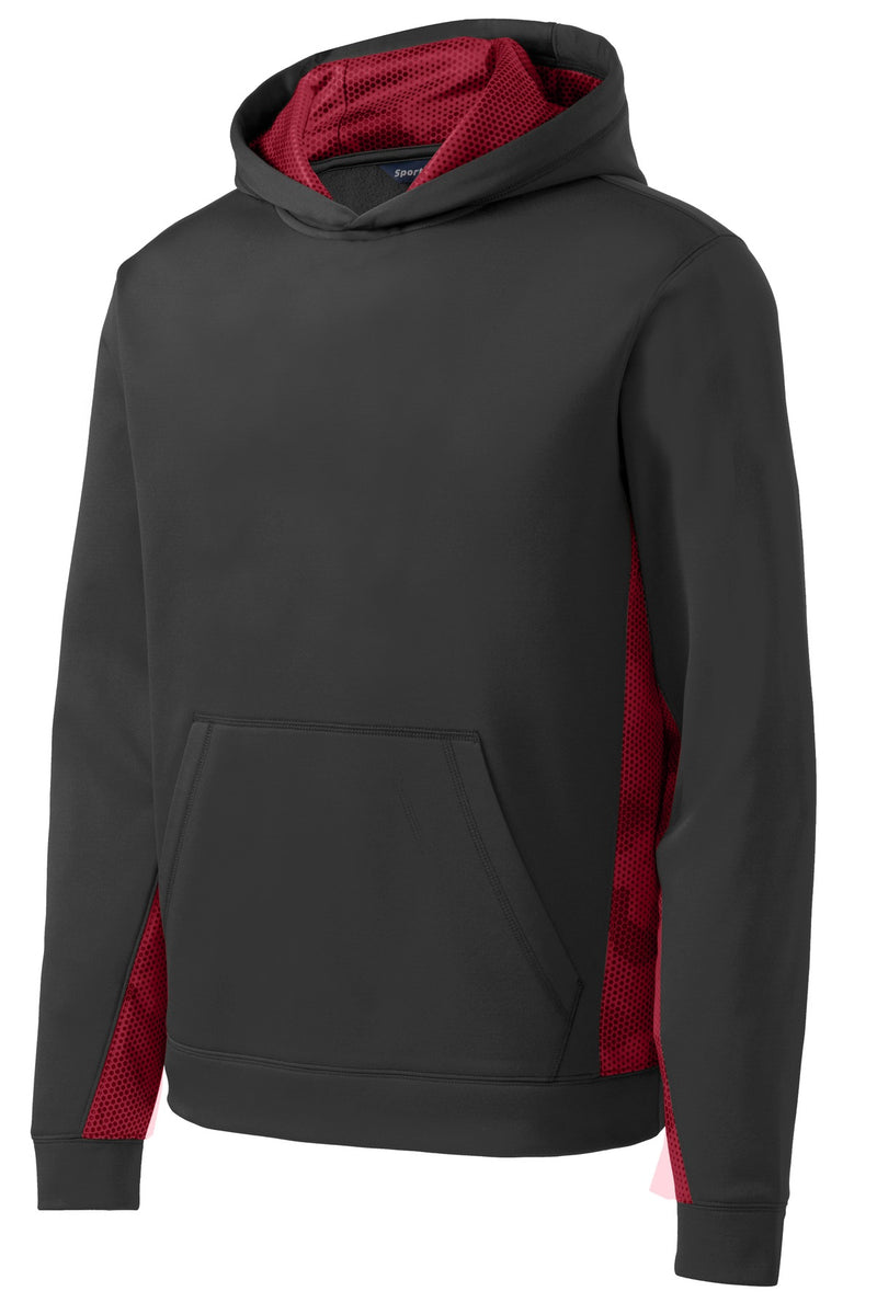 Sport-Tek Youth Sport-Wick CamoHex Fleece Colorblock Hooded Pullover - Black/ Deep Red