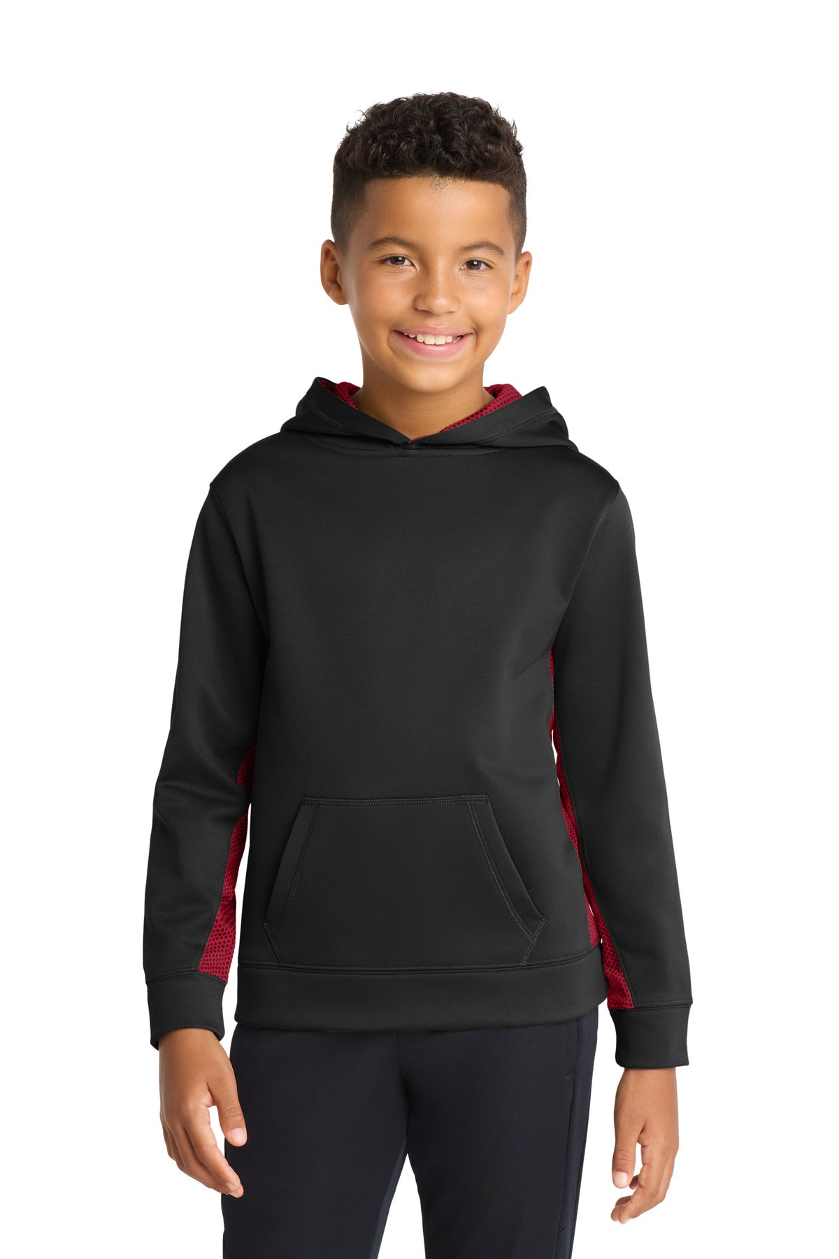 Sport-Tek Youth Sport-Wick CamoHex Fleece Colorblock Hooded Pullover - Black/ Deep Red