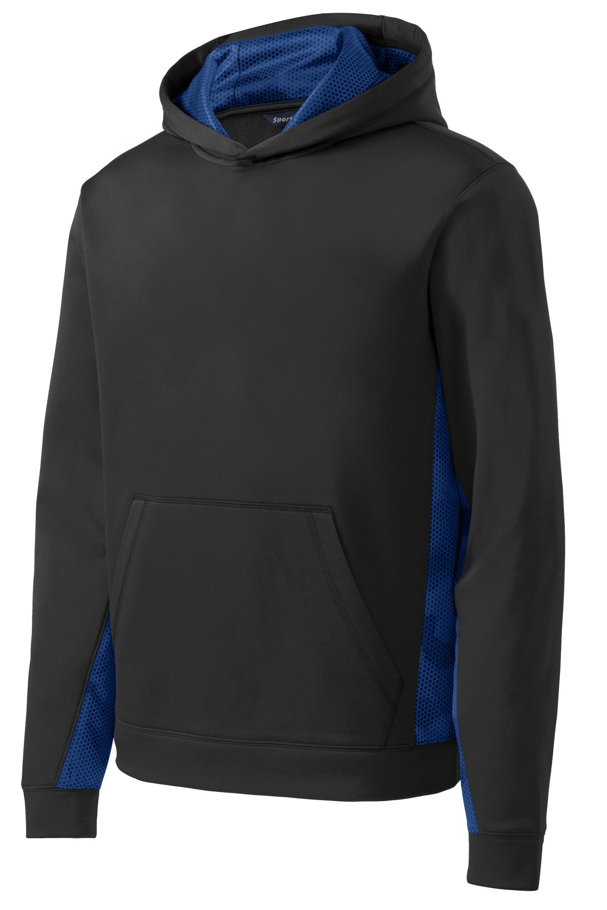 Sport-Tek Youth Sport-Wick CamoHex Fleece Colorblock Hooded Pullover - Black/ True Royal