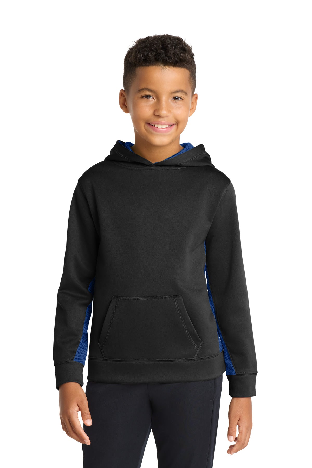 Sport-Tek Youth Sport-Wick CamoHex Fleece Colorblock Hooded Pullover - Black/ True Royal