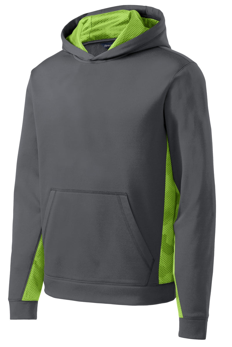 Sport-Tek Youth Sport-Wick CamoHex Fleece Colorblock Hooded Pullover - Dark Smoke Grey/ Lime Shock