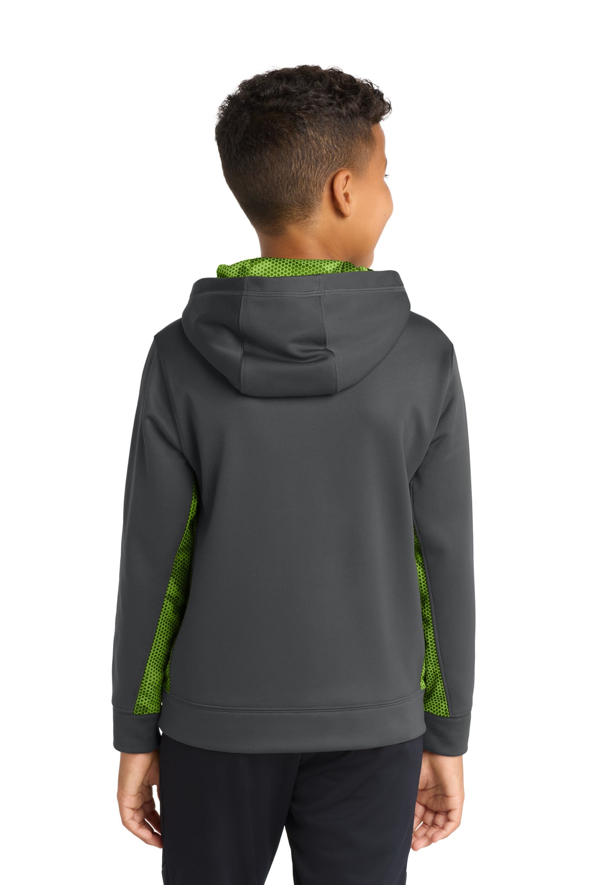 Sport-Tek Youth Sport-Wick CamoHex Fleece Colorblock Hooded Pullover - Dark Smoke Grey/ Lime Shock