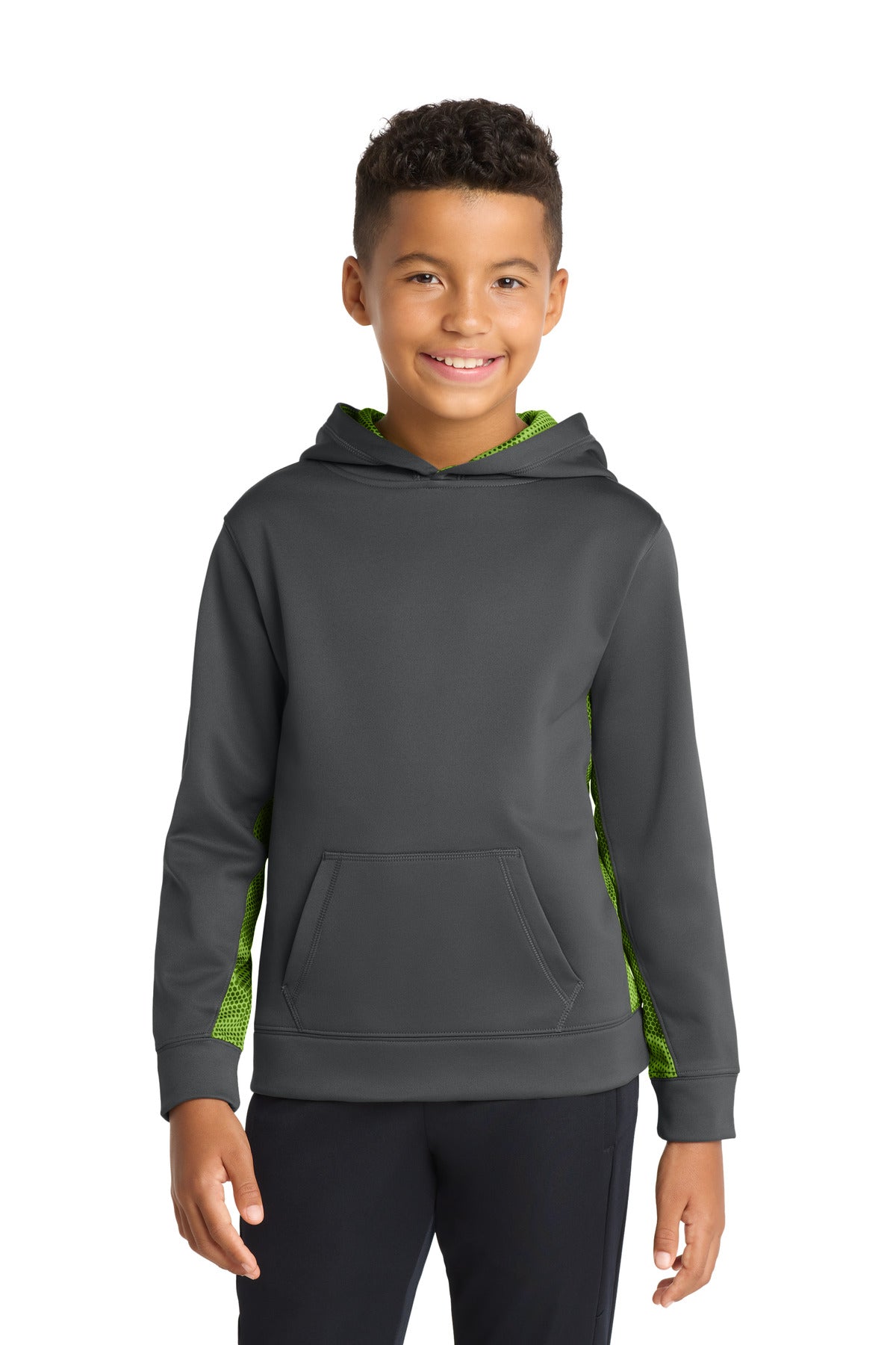 Sport-Tek Youth Sport-Wick CamoHex Fleece Colorblock Hooded Pullover - Dark Smoke Grey/ Lime Shock