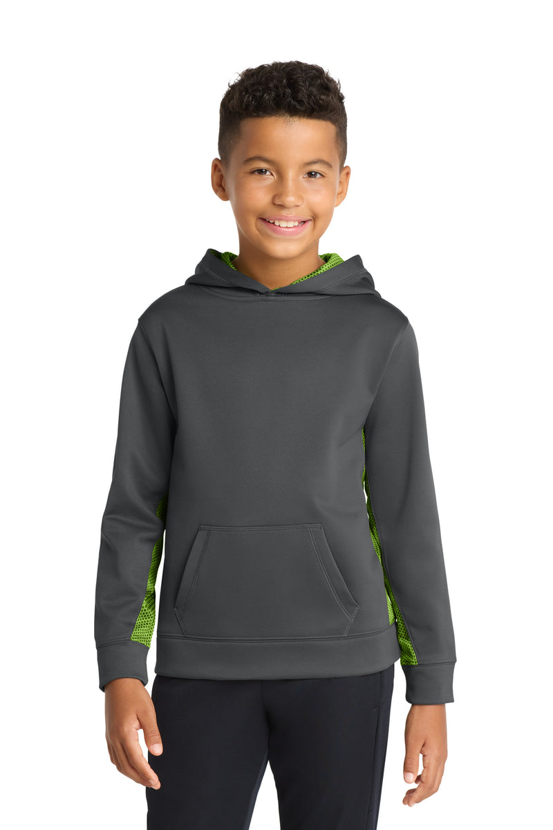 Sport-Tek Youth Sport-Wick CamoHex Fleece Colorblock Hooded Pullover - Dark Smoke Grey/ Lime Shock