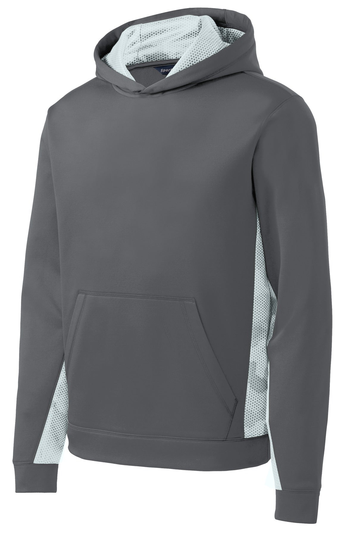 Sport-Tek Youth Sport-Wick CamoHex Fleece Colorblock Hooded Pullover - Dark Smoke Grey/ White