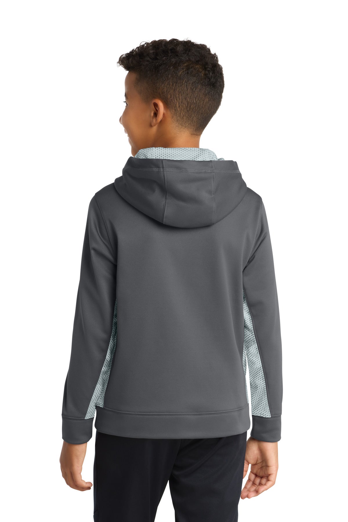 Sport-Tek Youth Sport-Wick CamoHex Fleece Colorblock Hooded Pullover - Dark Smoke Grey/ White