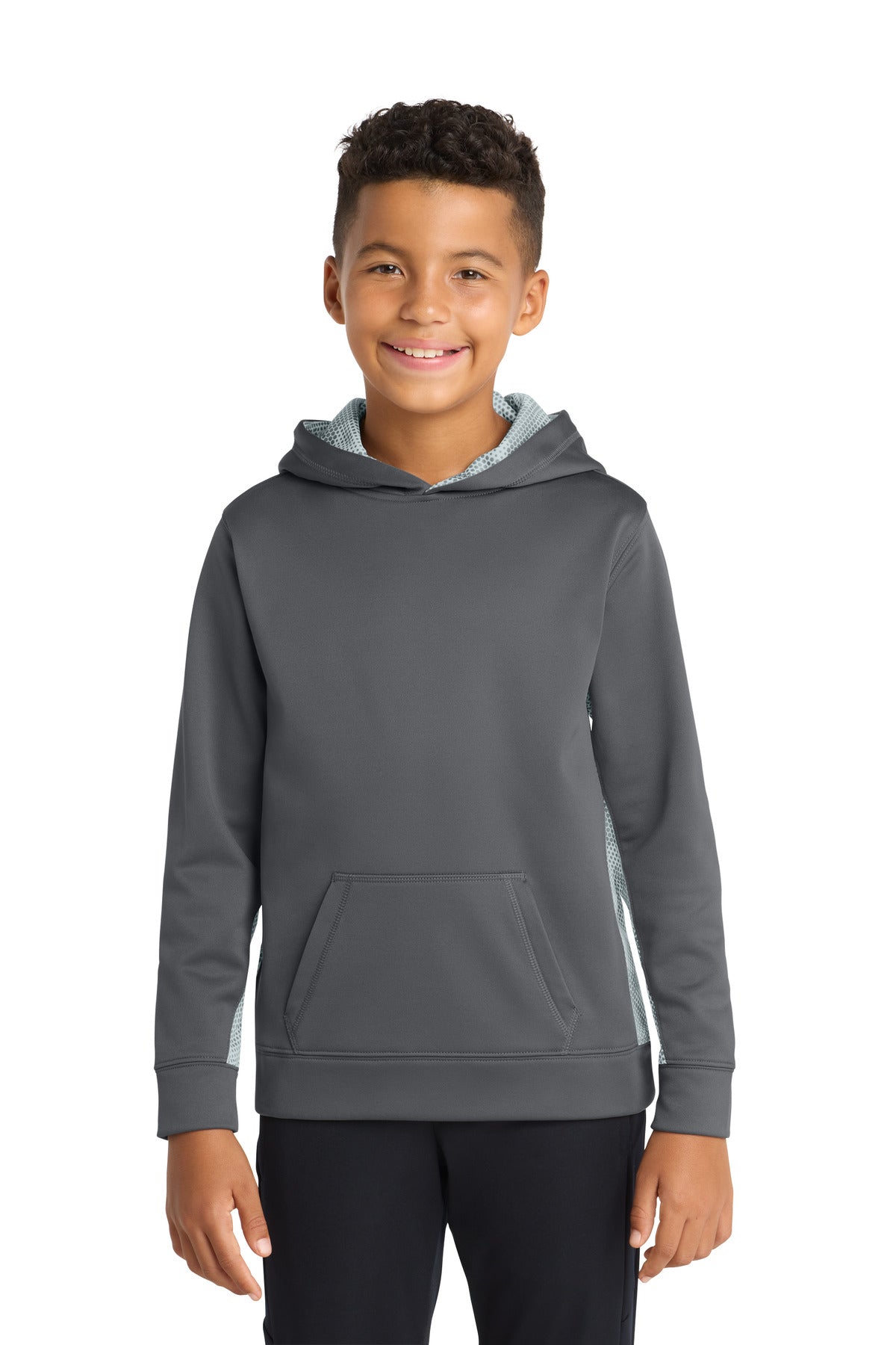 Sport-Tek Youth Sport-Wick CamoHex Fleece Colorblock Hooded Pullover - Dark Smoke Grey/ White