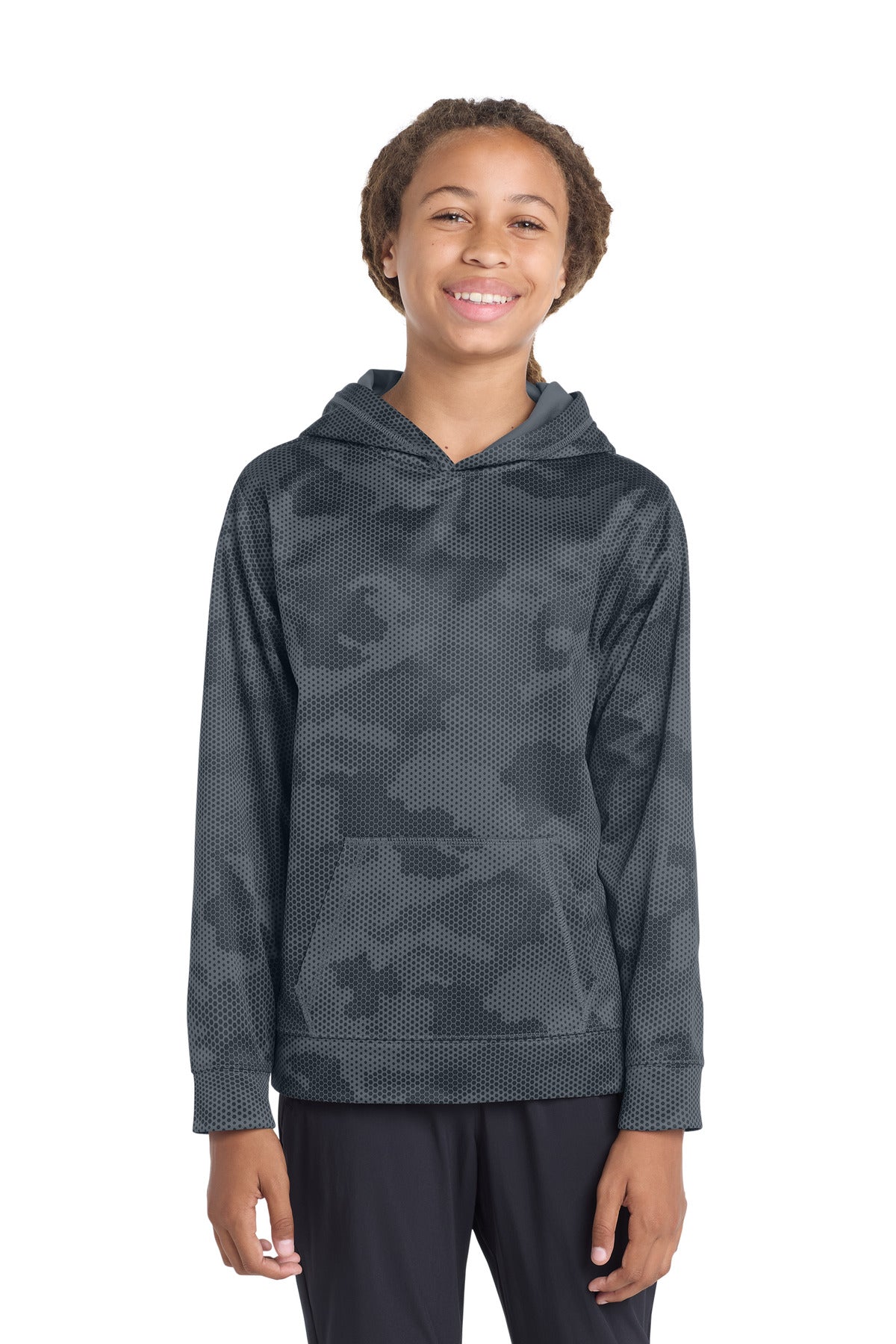 Sport-Tek Youth Sport-Wick CamoHex Fleece Hooded Pullover - Dark Smoke Grey