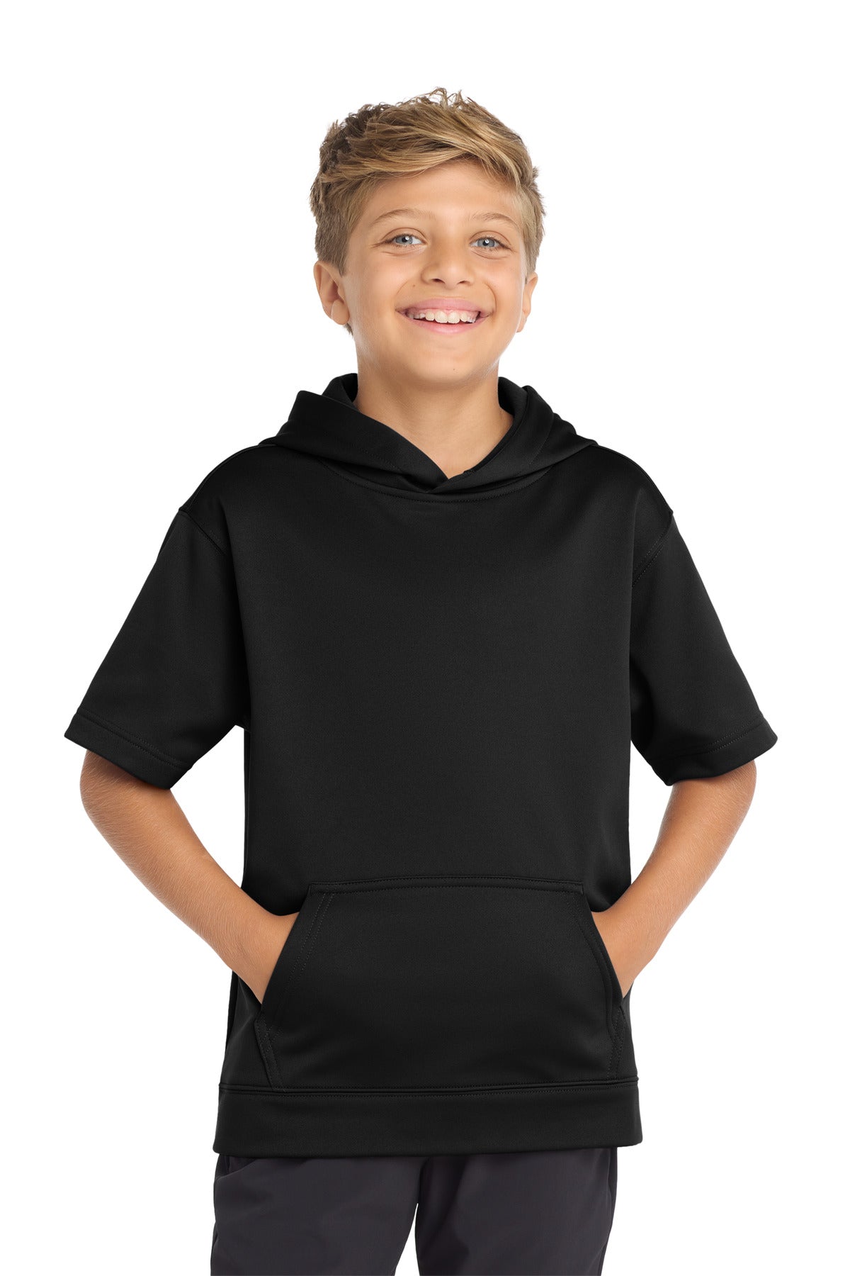 Sport-Tek  Youth Sport-Wick  Fleece Short Sleeve Hooded Pullover - Black