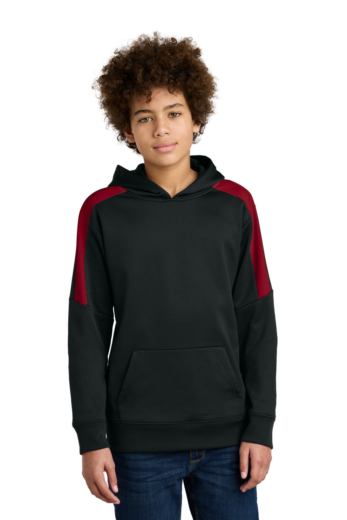 Sport-Tek Youth Sport-Wick Fleece United Pullover Hoodie - Black/ Deep Red