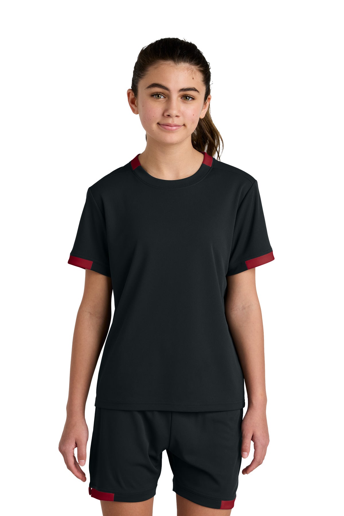 Sport-Tek Youth Club Short Sleeve Crew - Black/ Deep Red