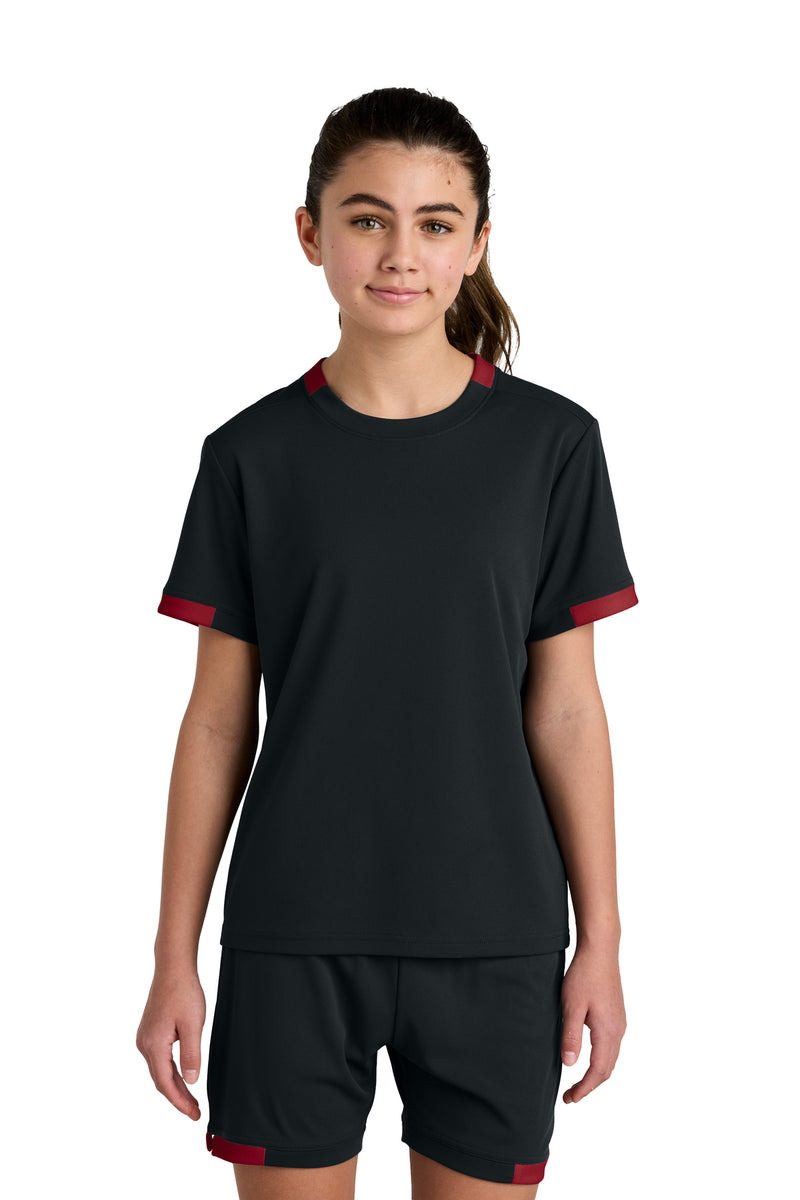 Sport-Tek Youth Club Short Sleeve Crew - Black/ Deep Red