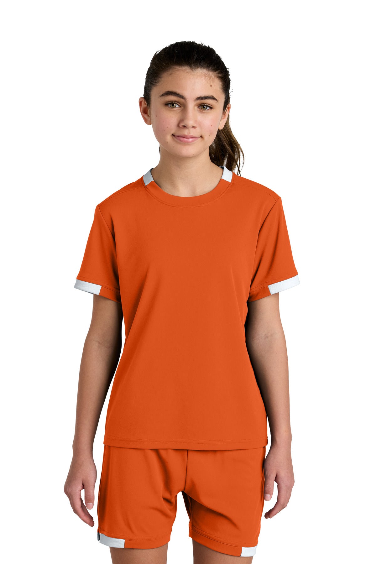 Sport-Tek Youth Club Short Sleeve Crew - Deep Orange/ White