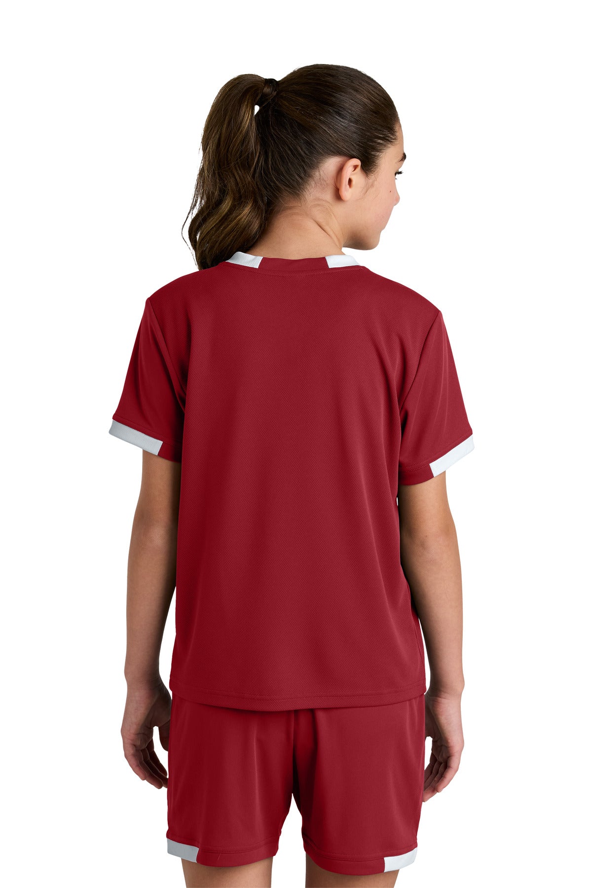 Sport-Tek Youth Club Short Sleeve Crew - Deep Red/ White